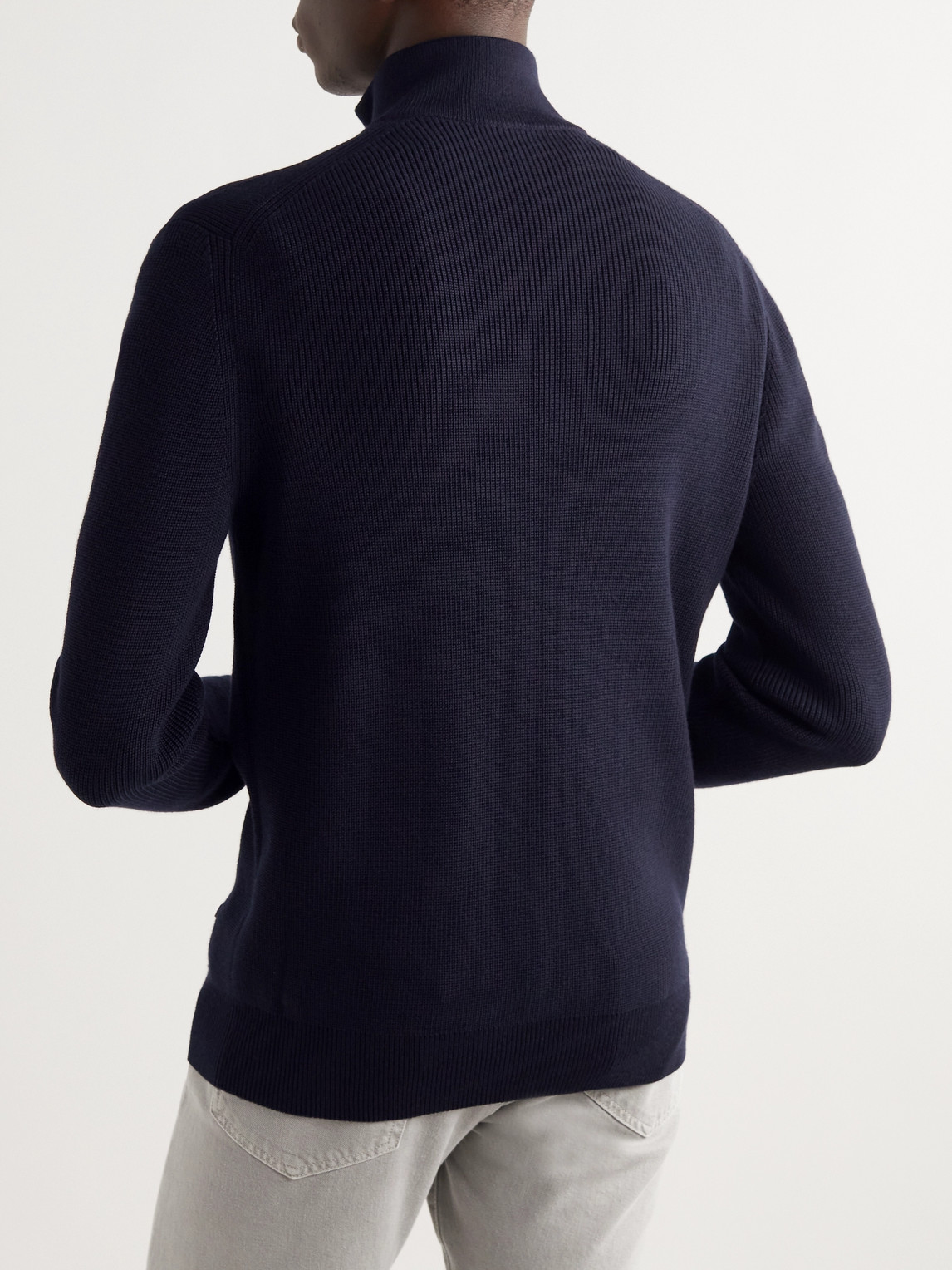 Shop Loro Piana Leather-trimmed Ribbed Wool Half-zip Sweatshirt In Blue