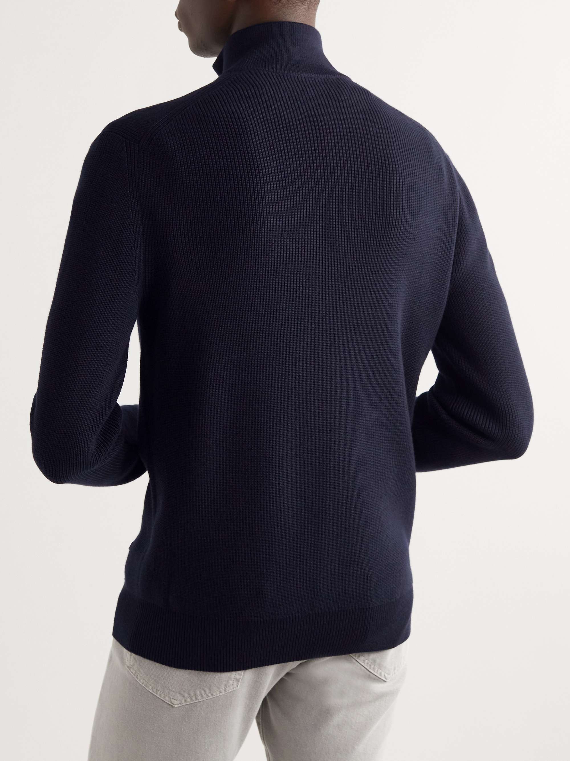 LORO PIANA Leather-Trimmed Ribbed Wool Half-Zip Sweatshirt