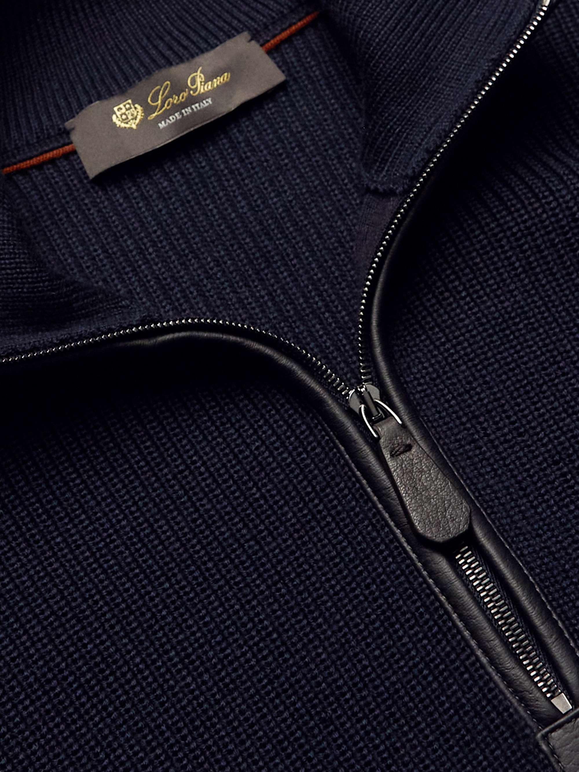 LORO PIANA Leather-Trimmed Ribbed Wool Half-Zip Sweatshirt
