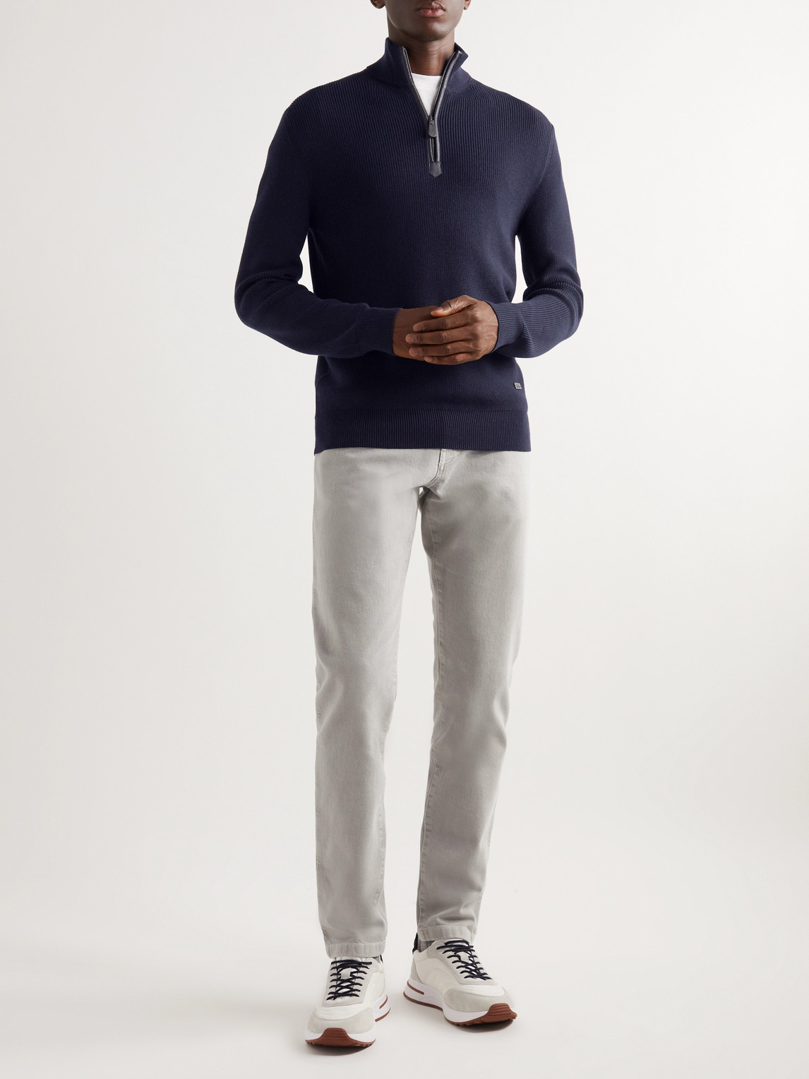 Shop Loro Piana Leather-trimmed Ribbed Wool Half-zip Sweatshirt In Blue