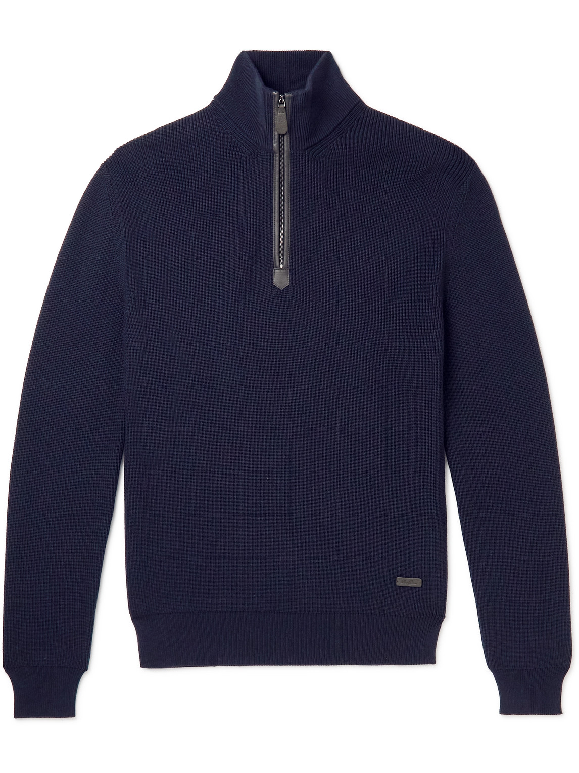 Loro Piana Leather-trimmed Ribbed Wool Half-zip Sweatshirt In Blue