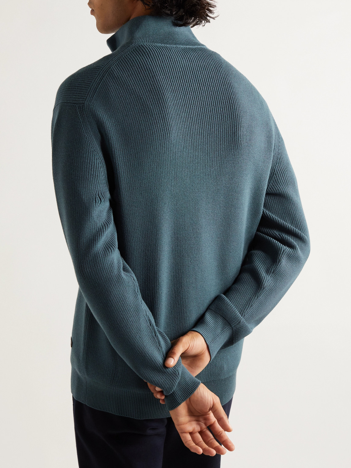 Shop Loro Piana Leather-trimmed Ribbed Wool Half-zip Sweatshirt In Blue