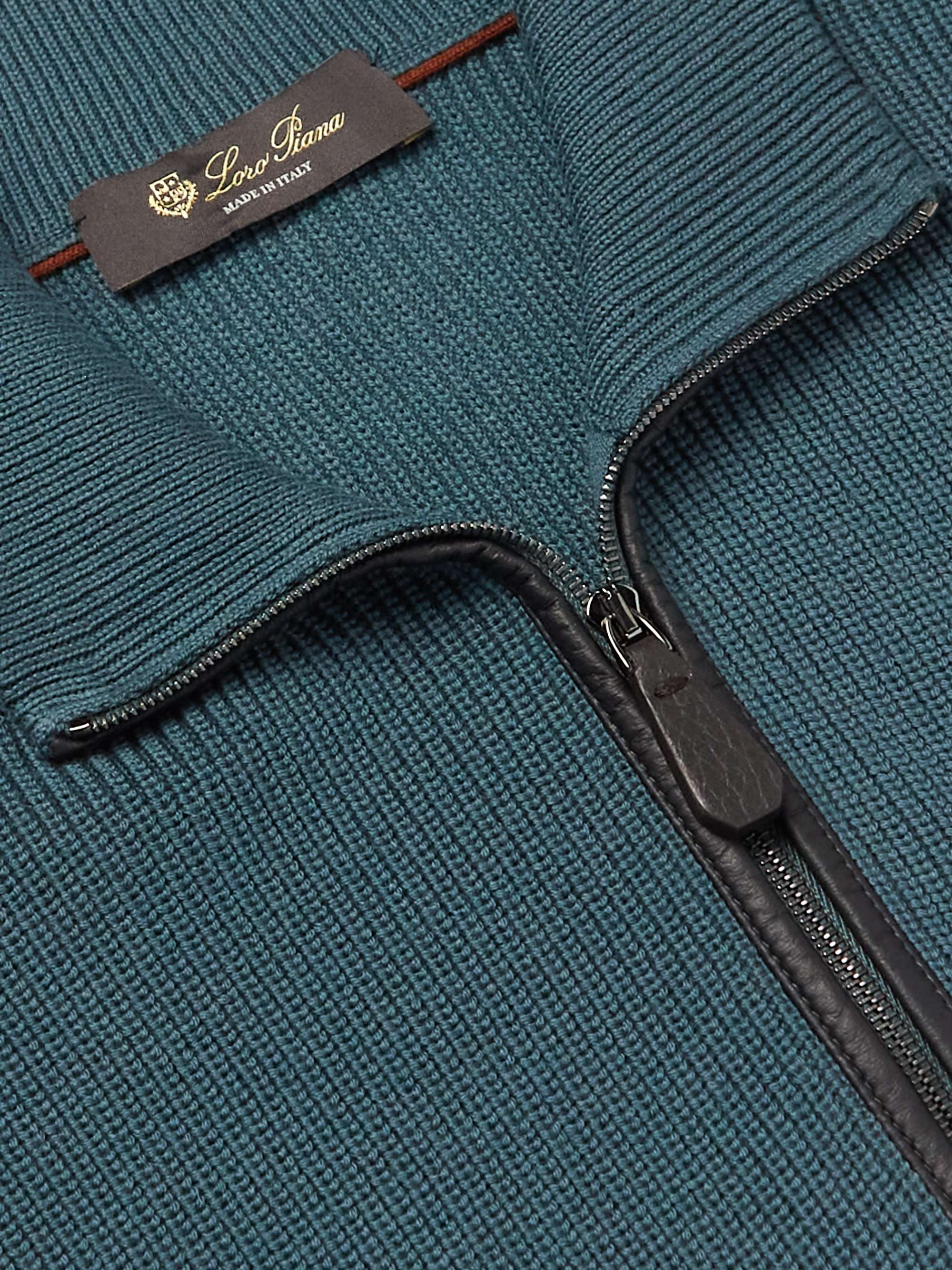 LORO PIANA Leather-Trimmed Ribbed Wool Half-Zip Sweatshirt