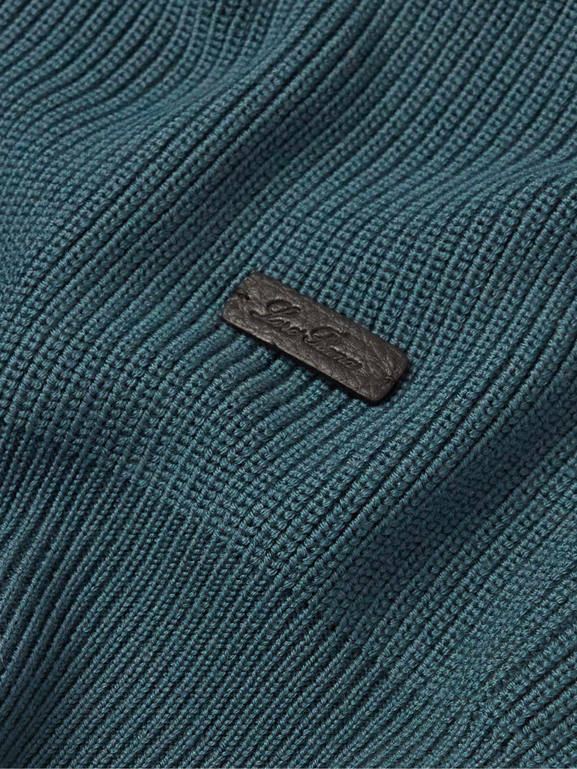 Shop Loro Piana Leather-trimmed Ribbed Wool Half-zip Sweatshirt In Blue