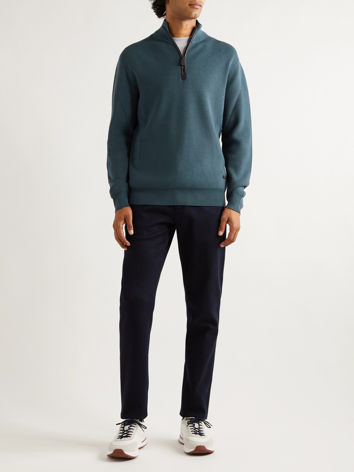 Shop Loro Piana Leather-trimmed Ribbed Wool Half-zip Sweatshirt In Blue