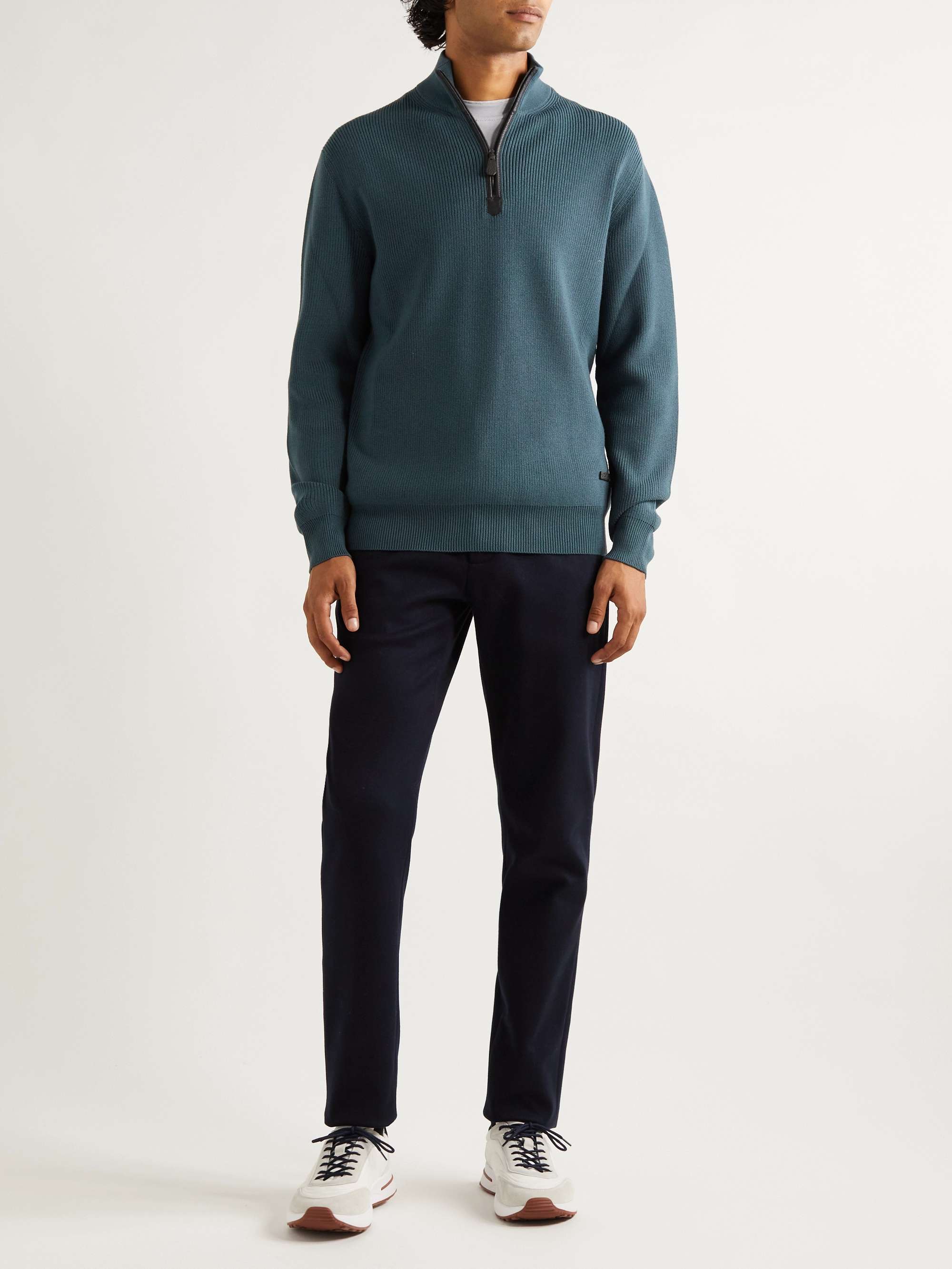 LORO PIANA Leather-Trimmed Ribbed Wool Half-Zip Sweatshirt