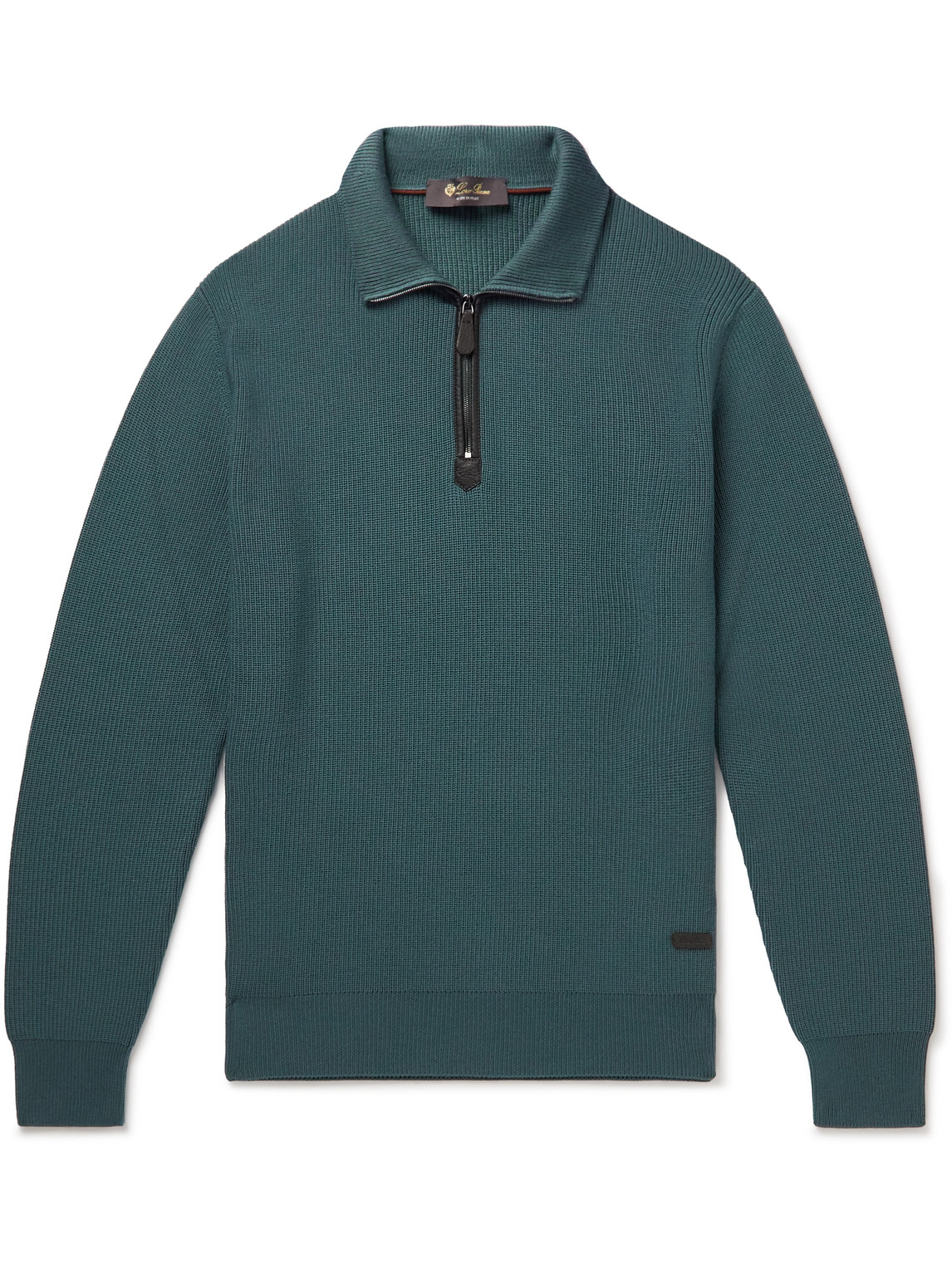 Loro Piana Leather-trimmed Ribbed Wool Half-zip Sweatshirt In Blue