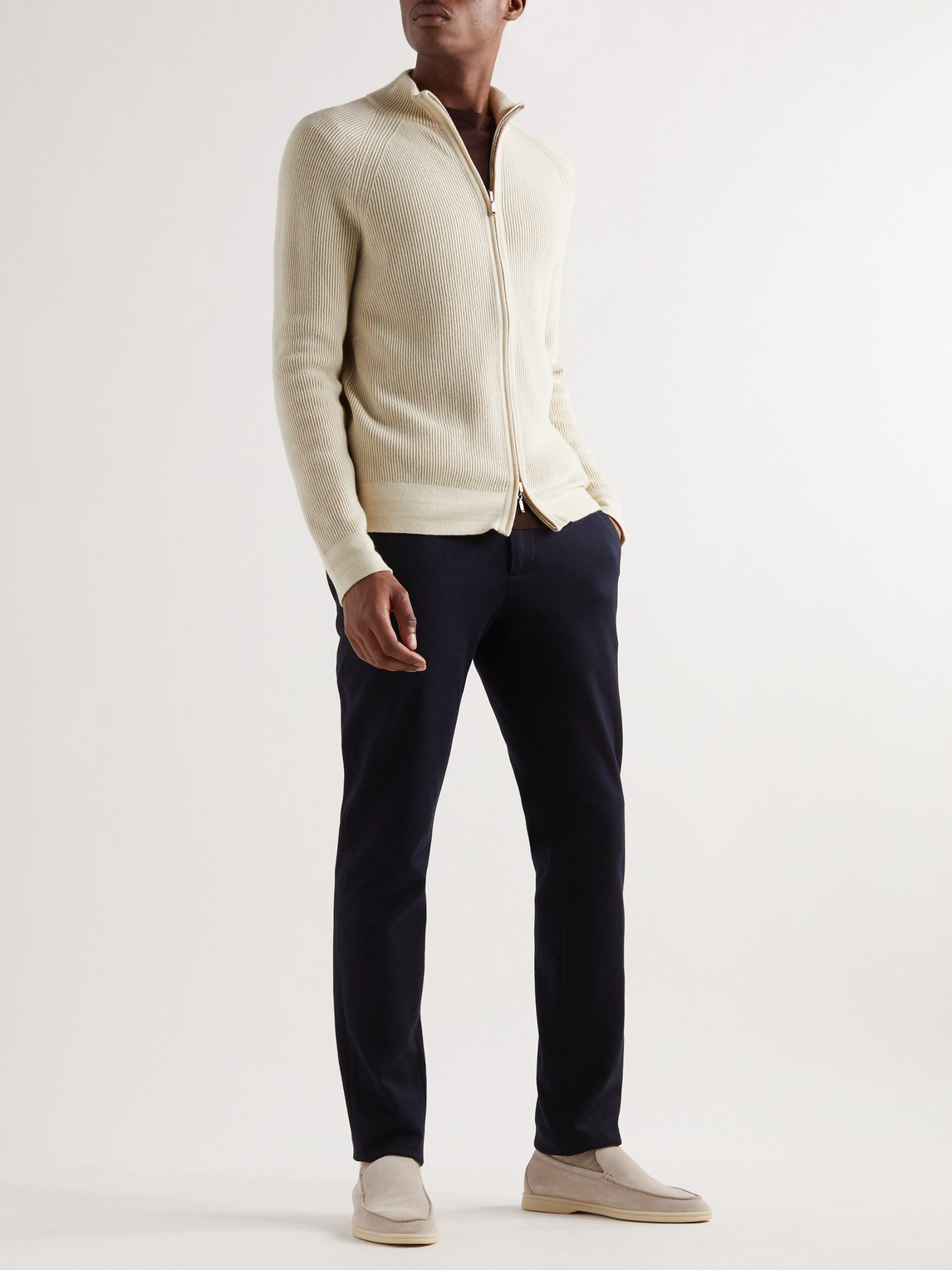 Shop Loro Piana Ribbed Baby Cashmere Zip-up Sweater In Neutrals