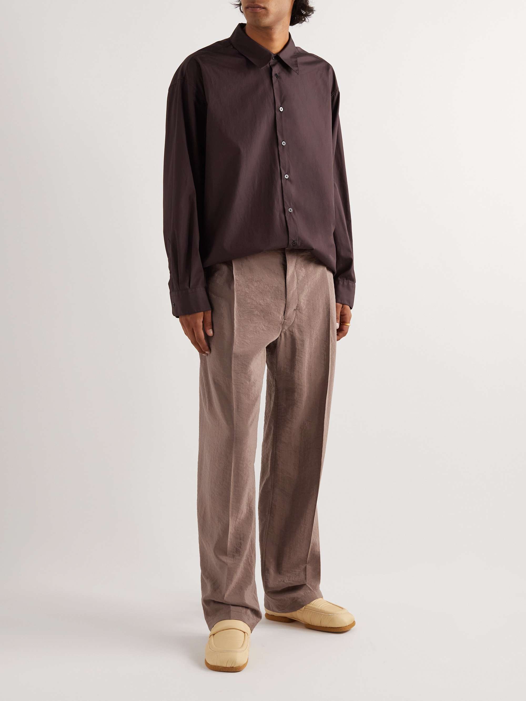 Wide-Leg Pleated Crinkled Silk-Blend Trousers