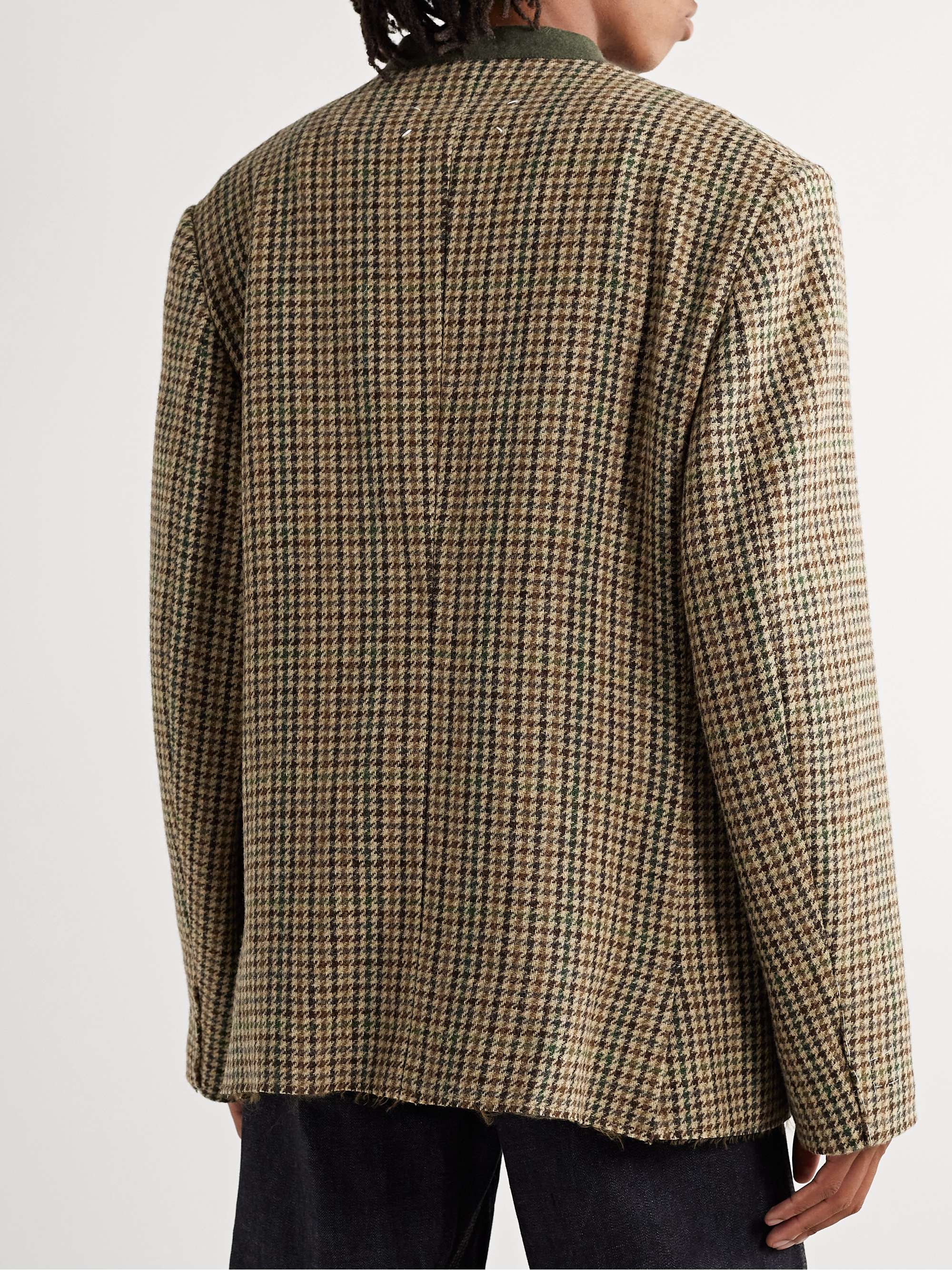 Collarless Houndstooth Wool Blazer