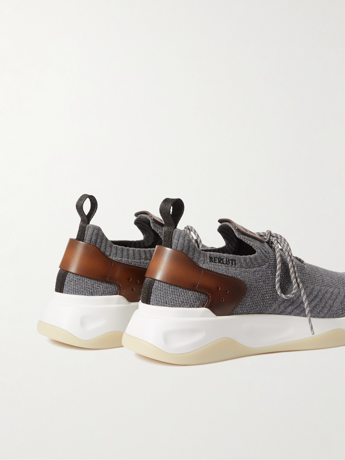 Shop Berluti Shadow Venezia Leather-trimmed Stretch-knit Sneakers In Gray