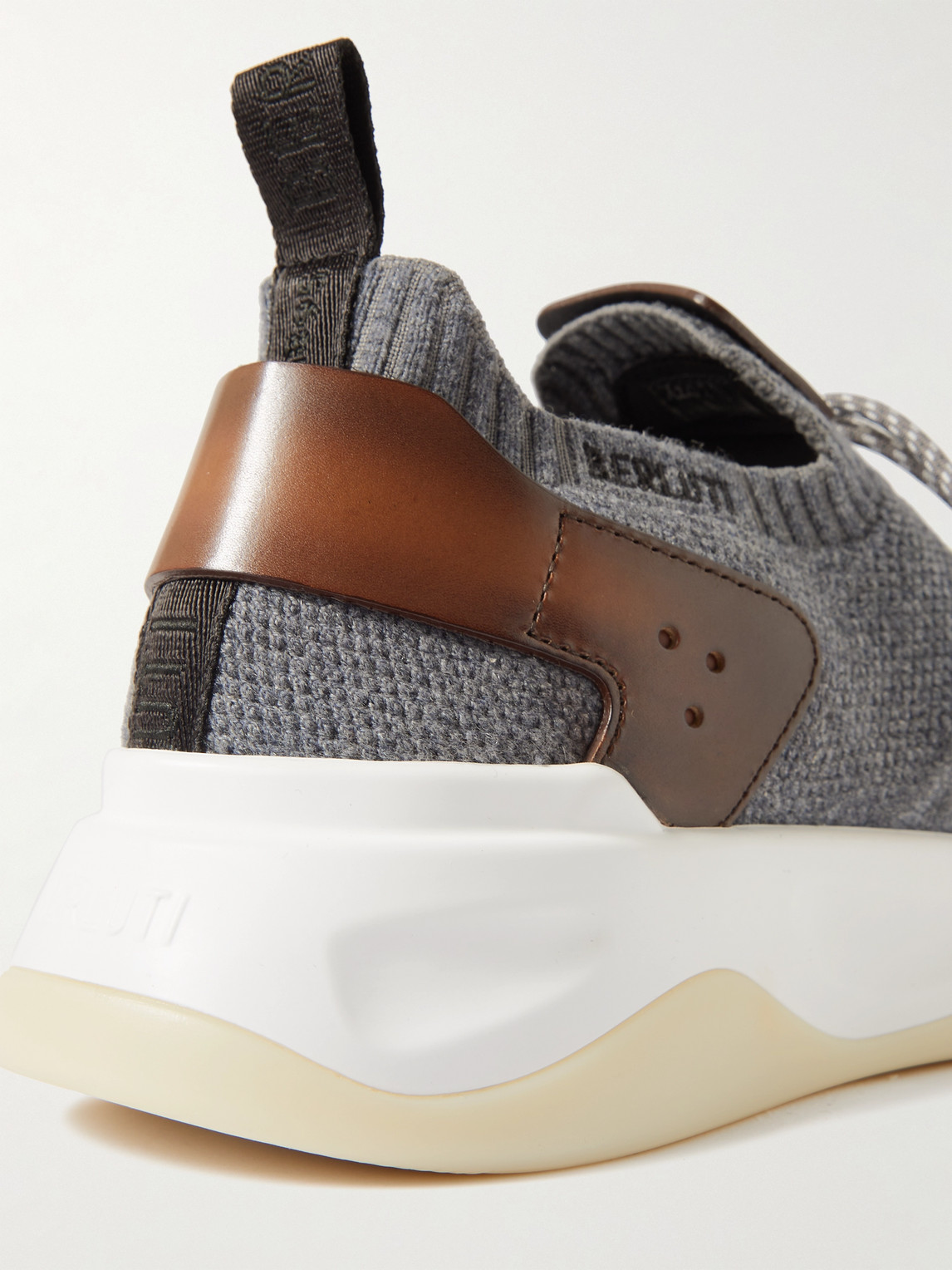 Shop Berluti Shadow Venezia Leather-trimmed Stretch-knit Sneakers In Gray