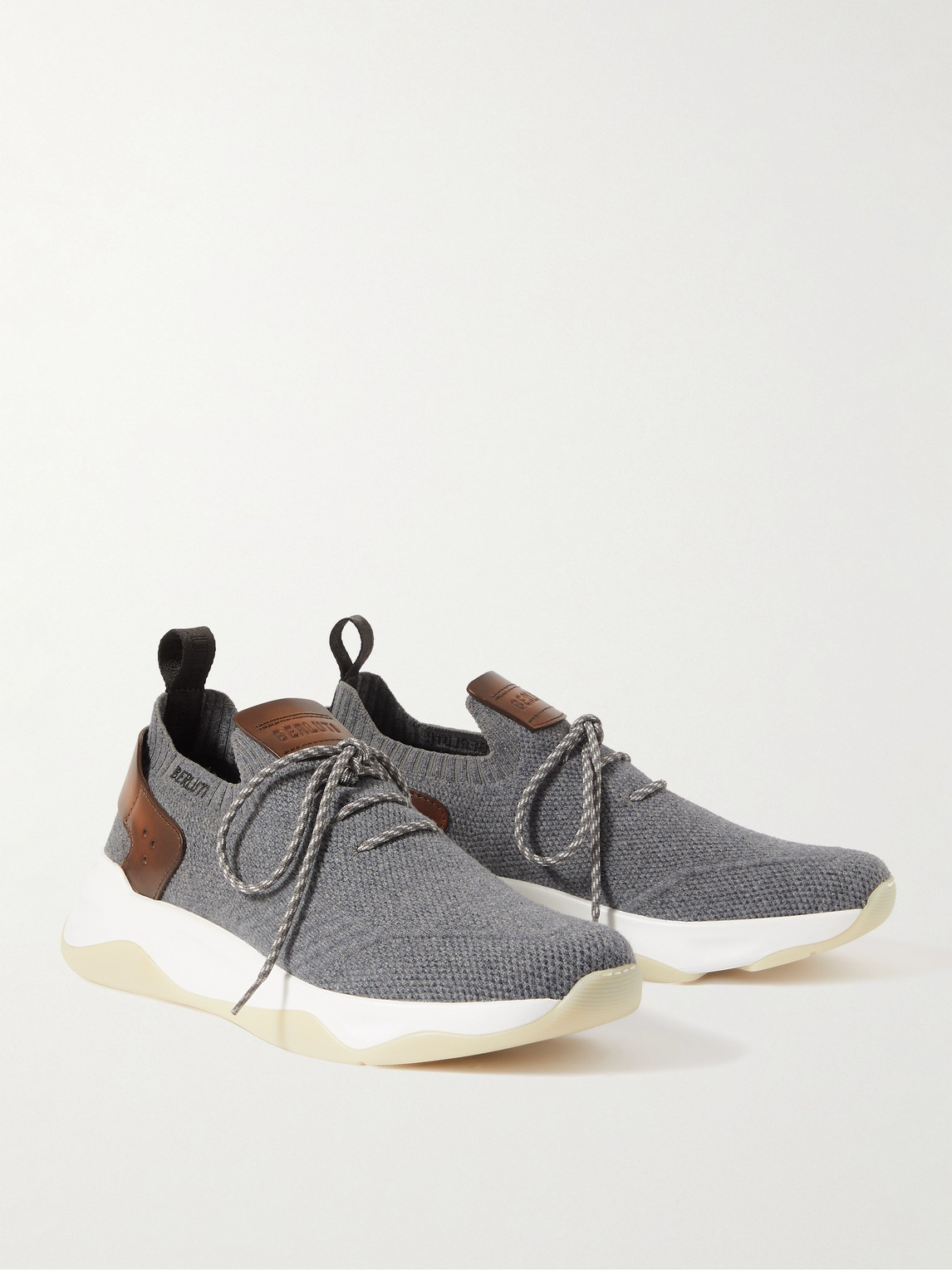 Shop Berluti Shadow Venezia Leather-trimmed Stretch-knit Sneakers In Gray