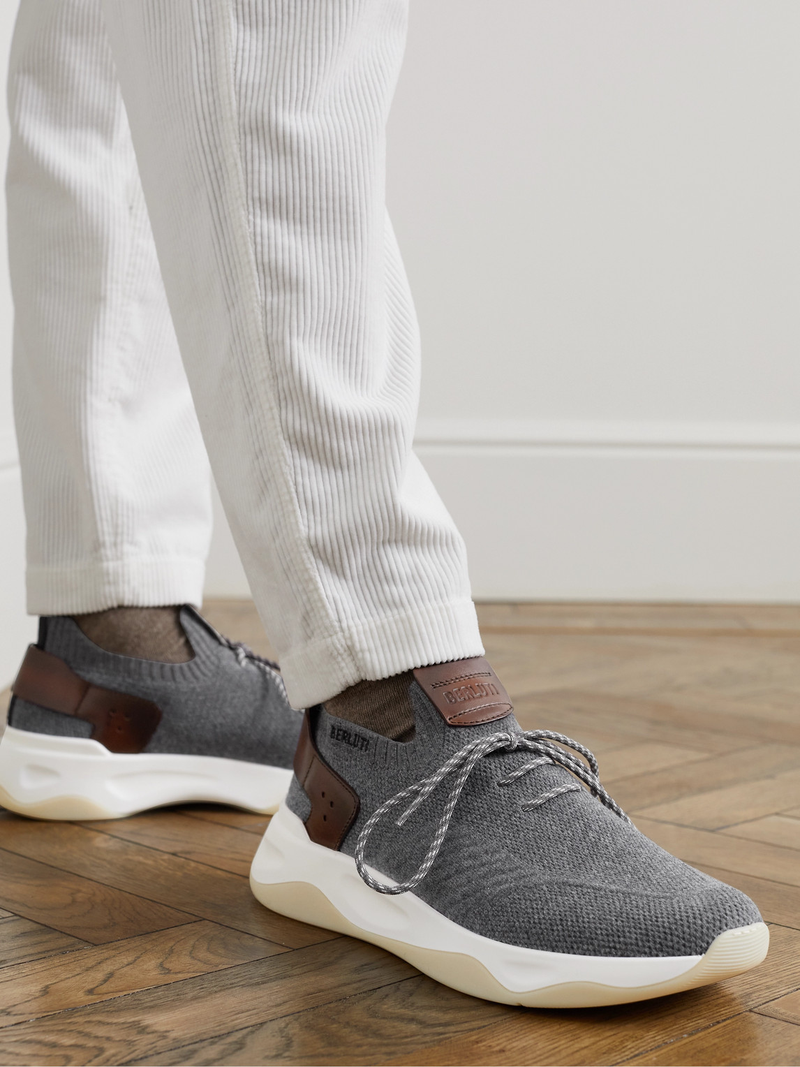 Shop Berluti Shadow Venezia Leather-trimmed Stretch-knit Sneakers In Gray