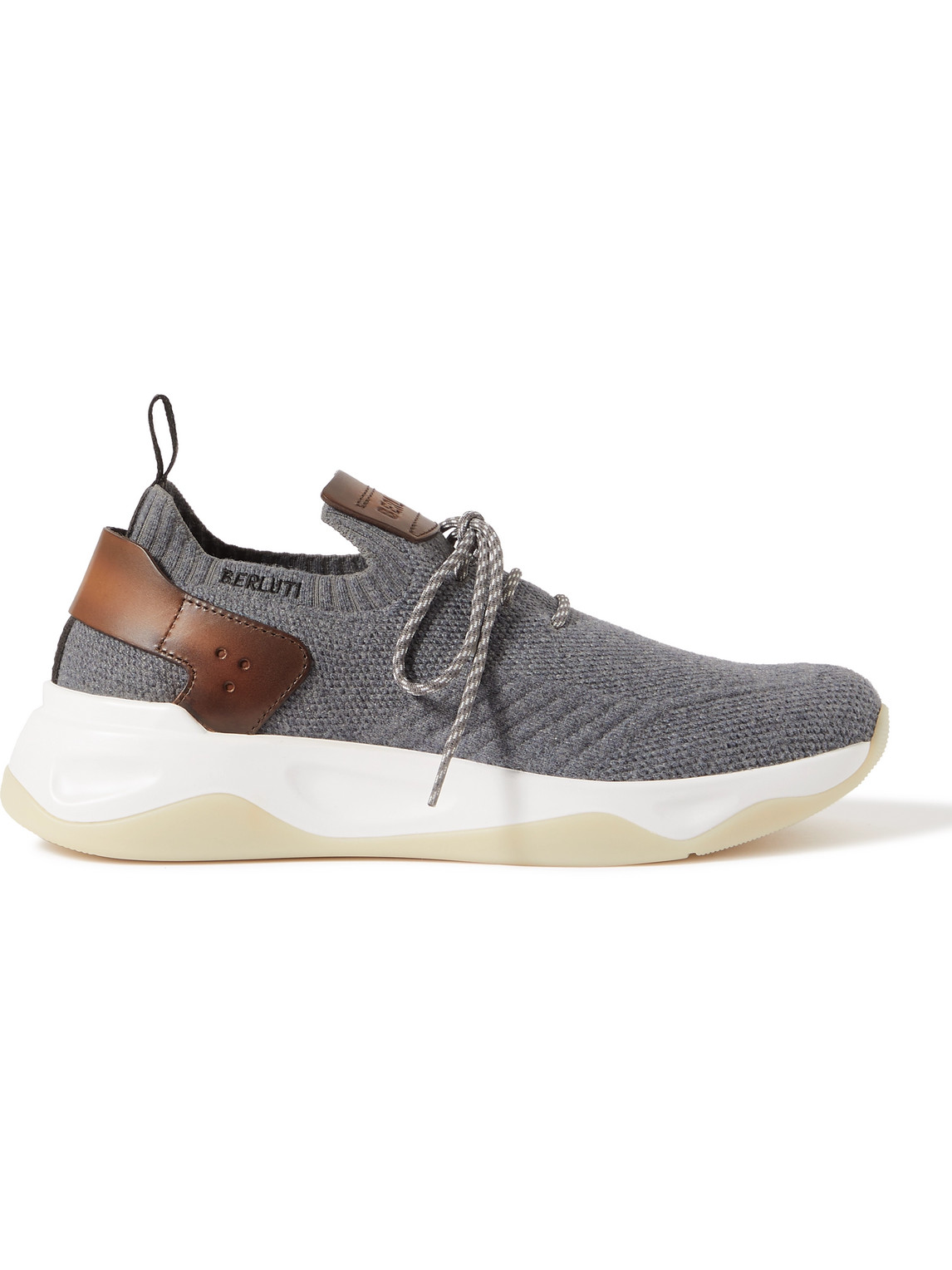 Shop Berluti Shadow Venezia Leather-trimmed Stretch-knit Sneakers In Gray