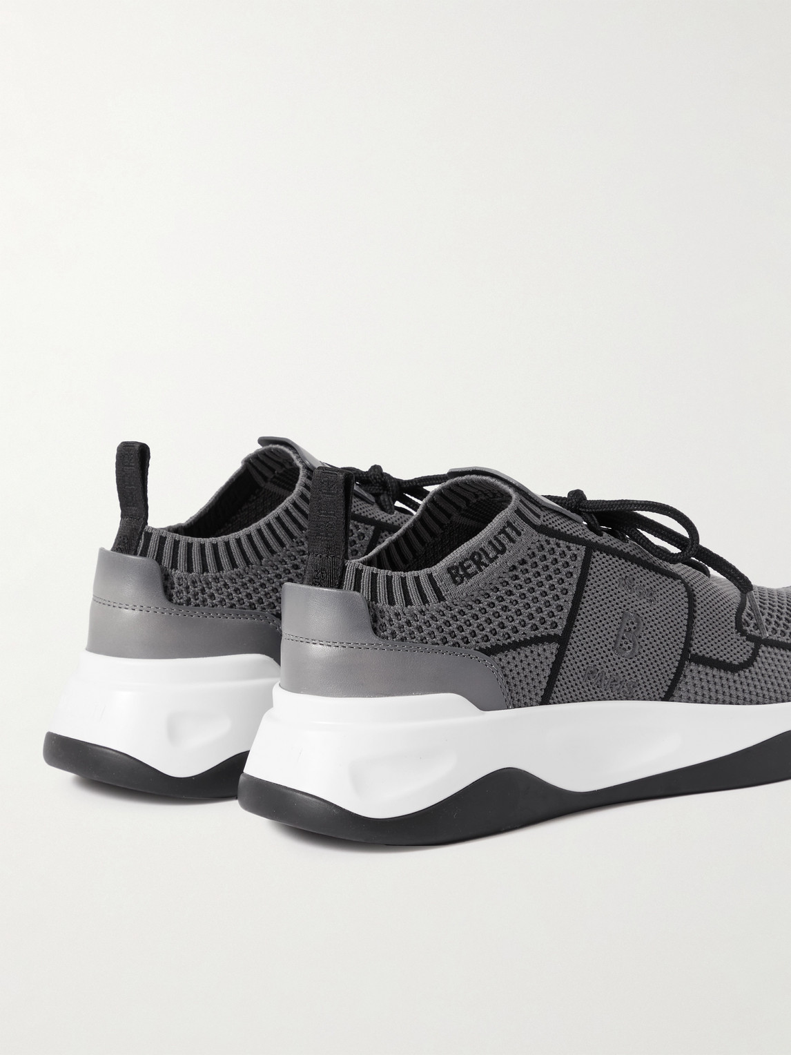 Shop Berluti Shadow Venezia Leather-trimmed Stretch-knit Sneakers In Gray