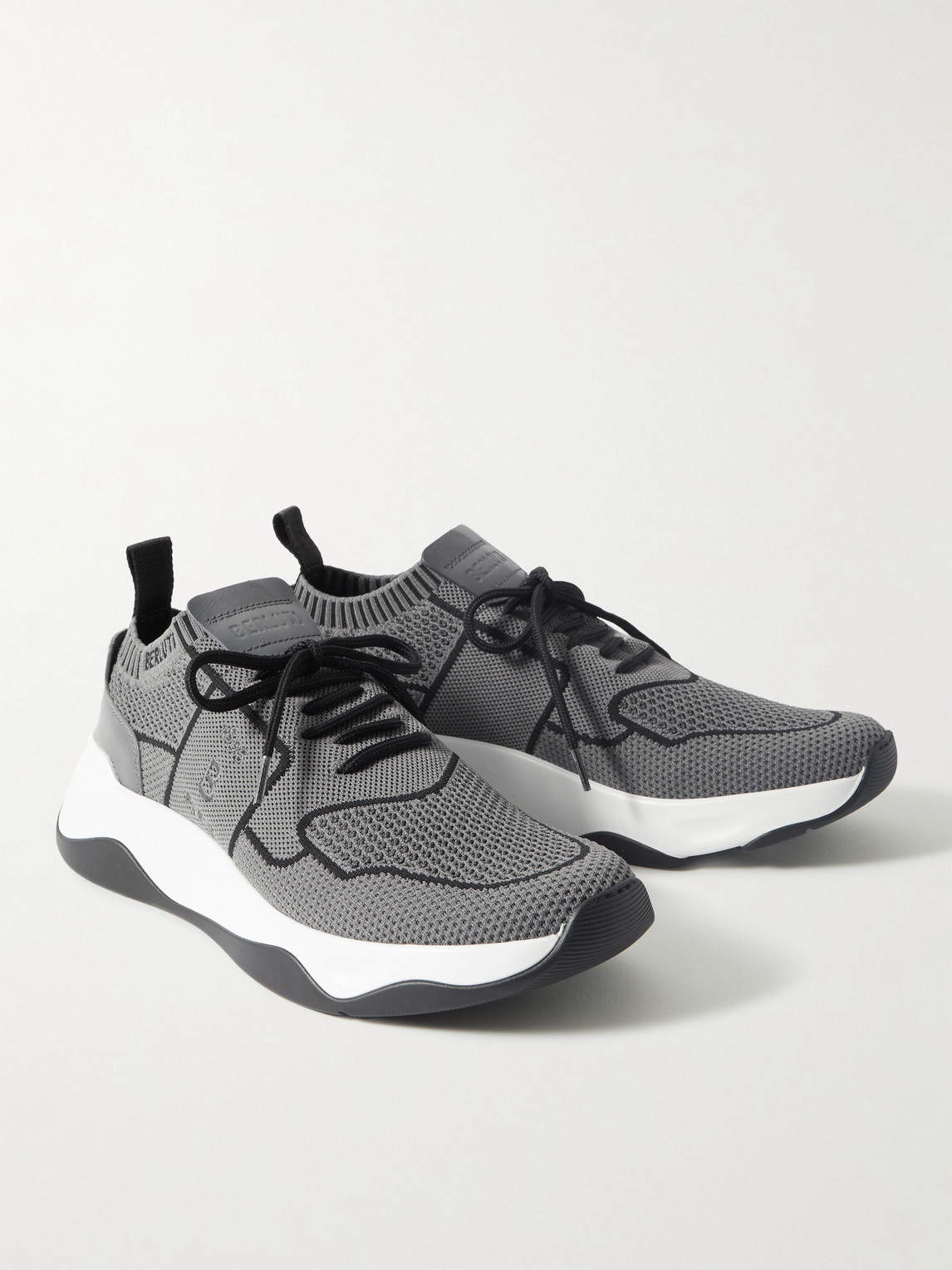 Shop Berluti Shadow Venezia Leather-trimmed Stretch-knit Sneakers In Gray