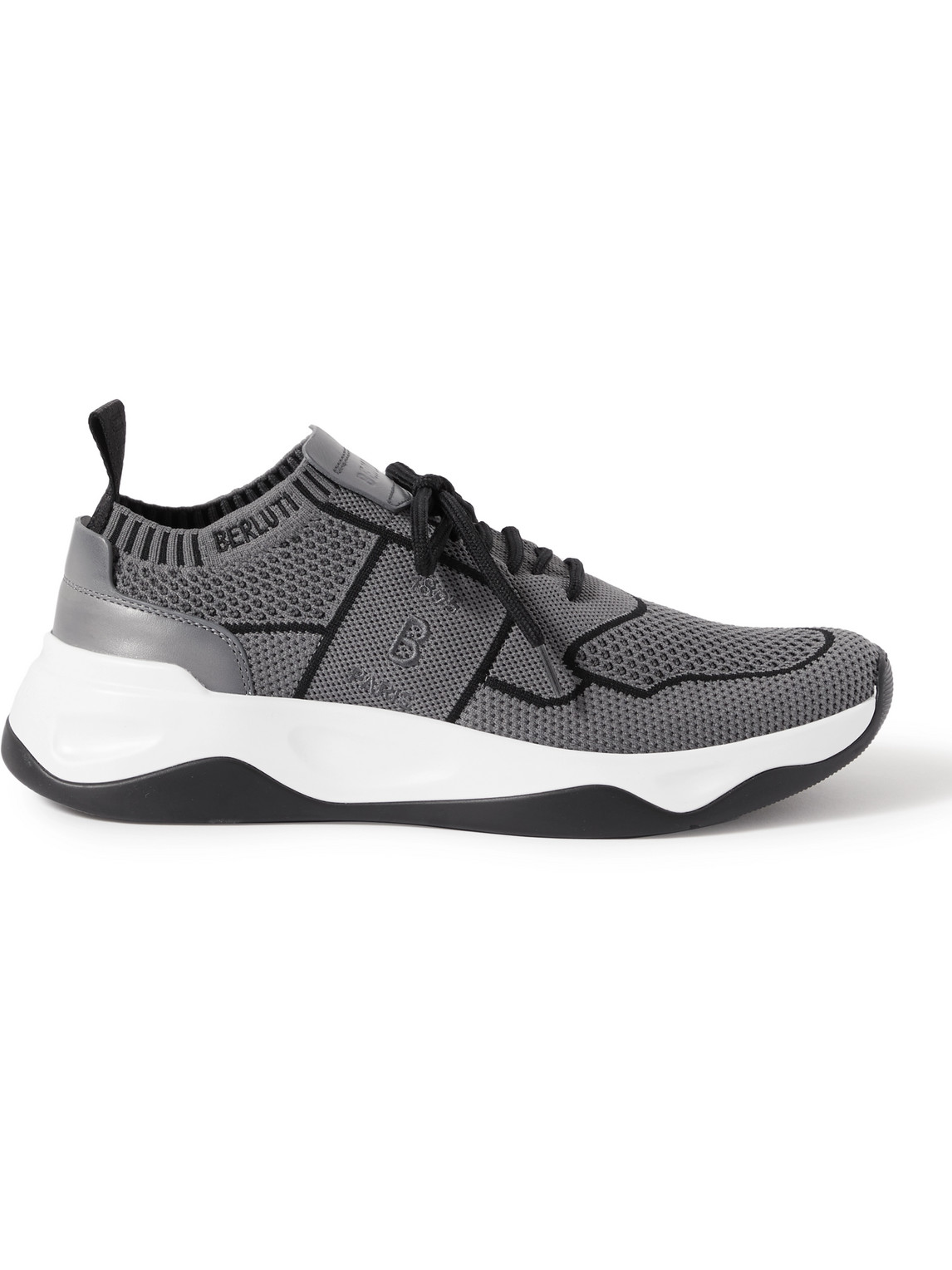 Shop Berluti Shadow Venezia Leather-trimmed Stretch-knit Sneakers In Gray