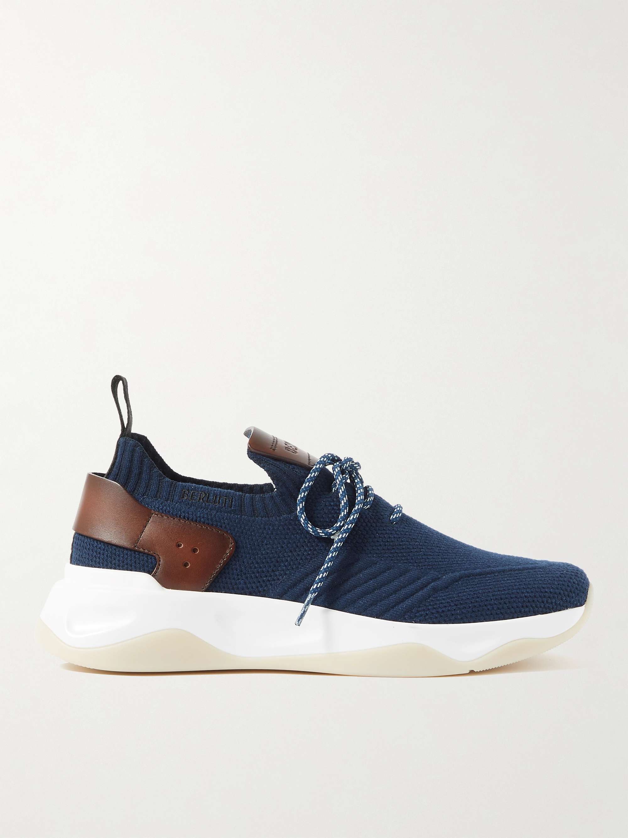 Berluti - Men - Shadow Venezia Leather-trimmed Stretch-Knit Sneakers Blue - UK 10.5