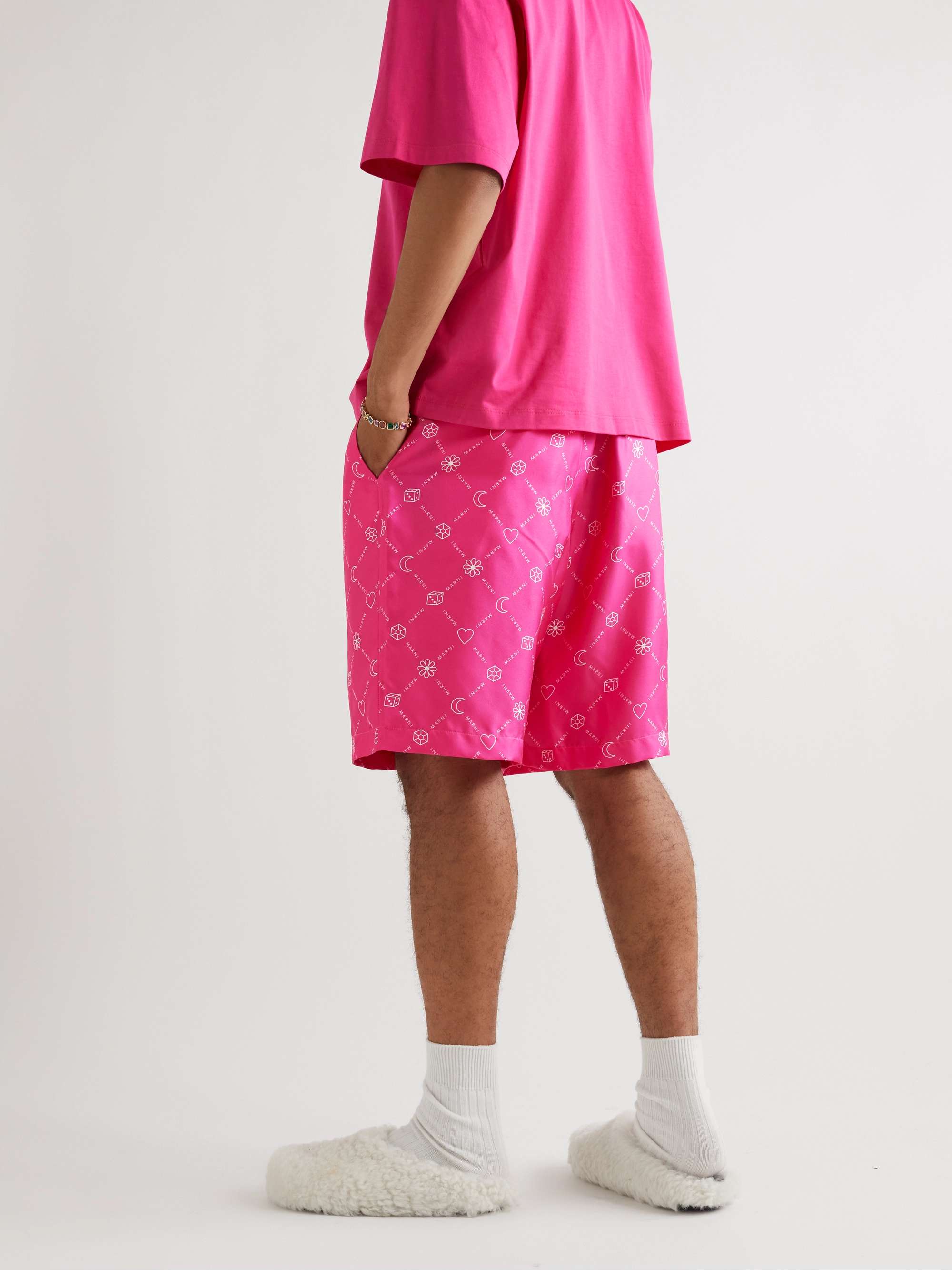 MARNI Wide-Leg Logo-Print Silk-Twill Shorts