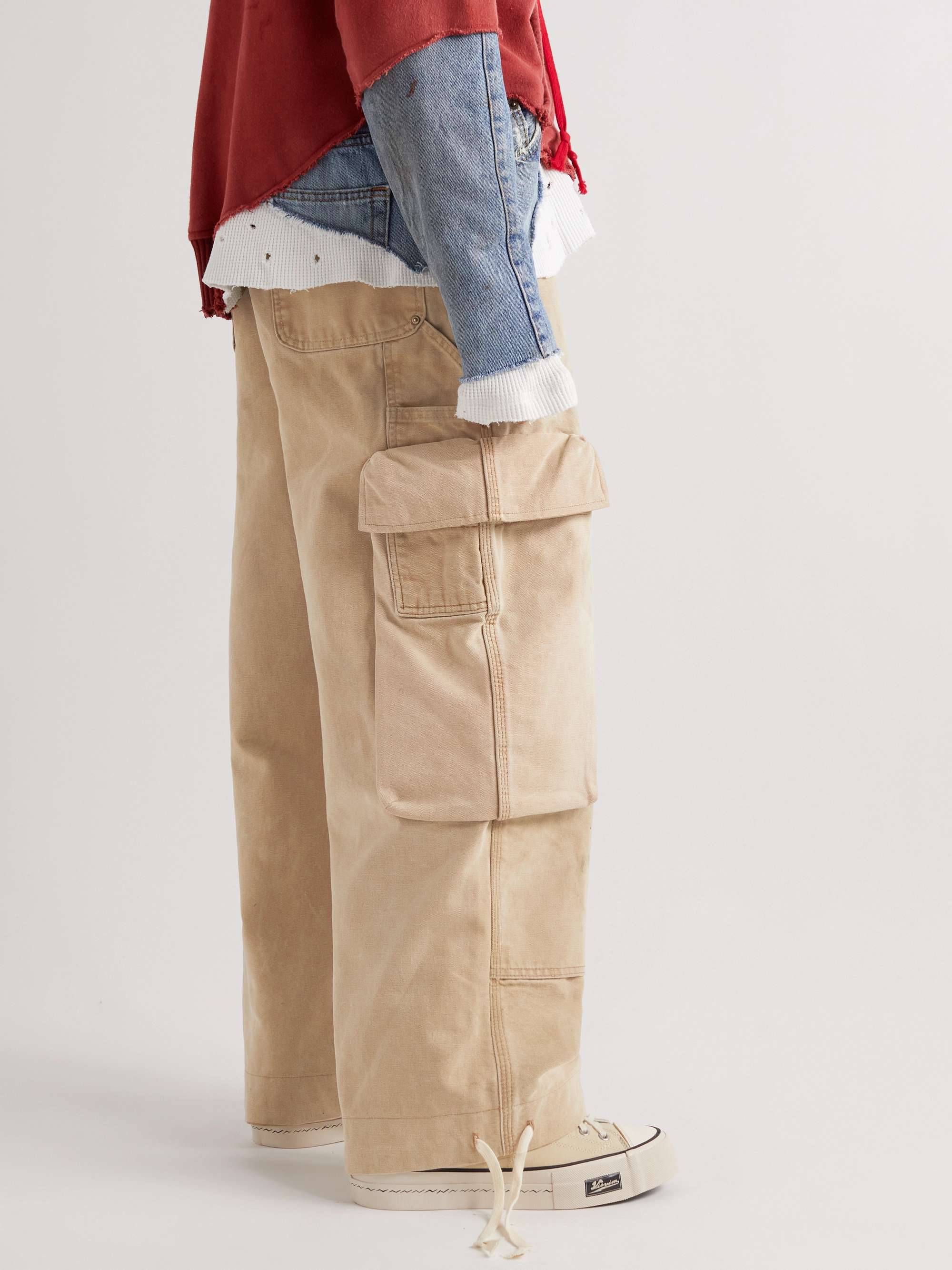 GREG LAUREN Wide-Leg Distressed Cotton-Canvas Drawstring Cargo Trousers