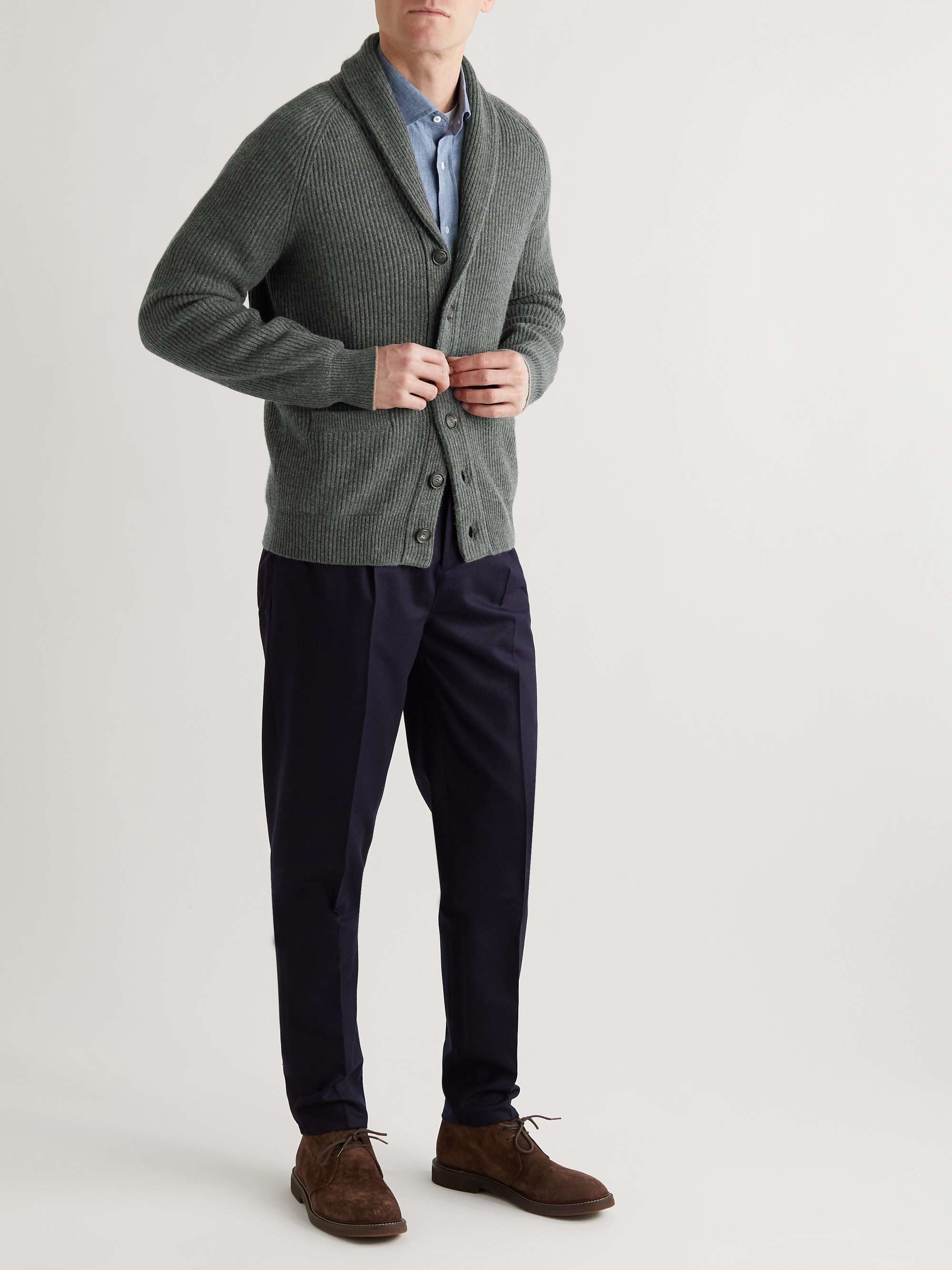 Slim-Fit Shawl-Collar Ribbed Cashmere Cardigan