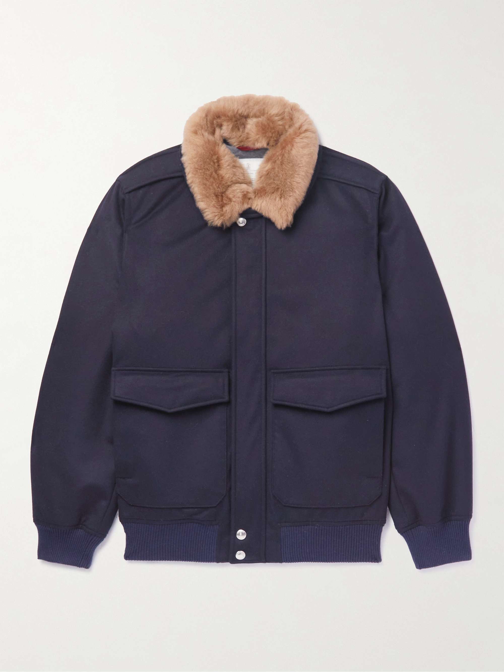 BRUNELLO CUCINELLI Shearling-Trimmed Padded Wool Bomber Jacket