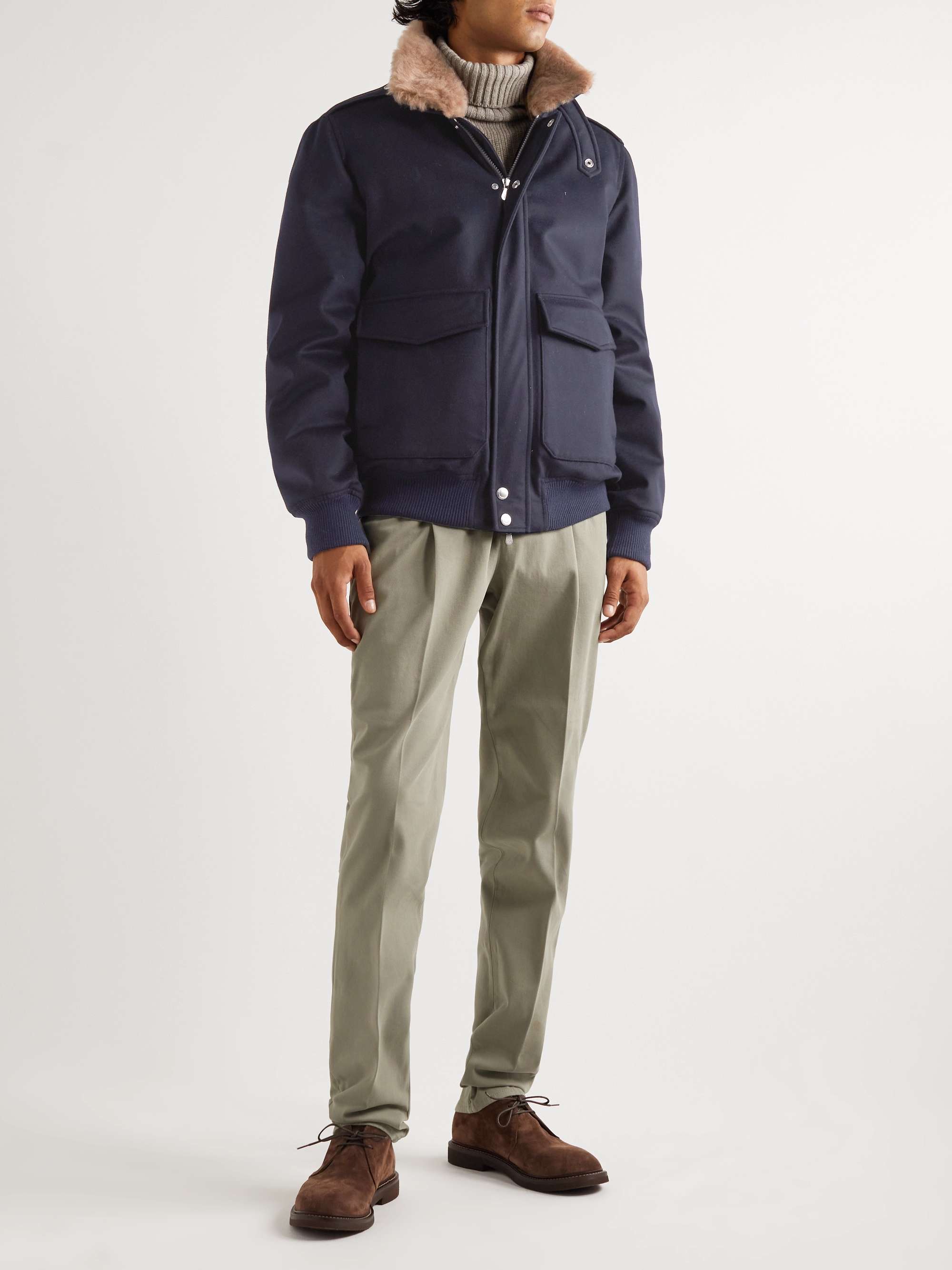 BRUNELLO CUCINELLI Shearling-Trimmed Padded Wool Bomber Jacket