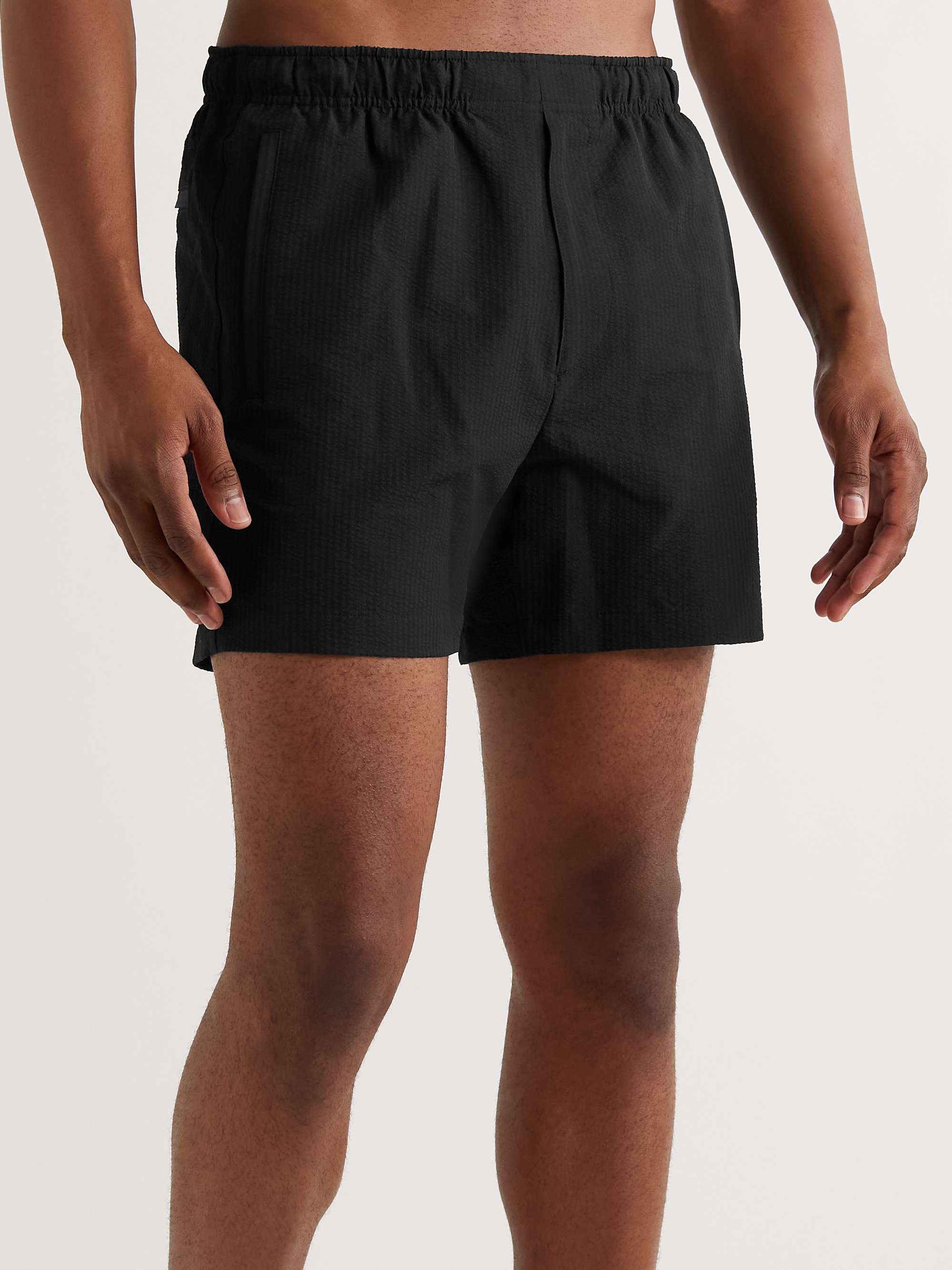THEORY Jace Striped Recycled-Seersucker Swim Shorts for Men | MR PORTER