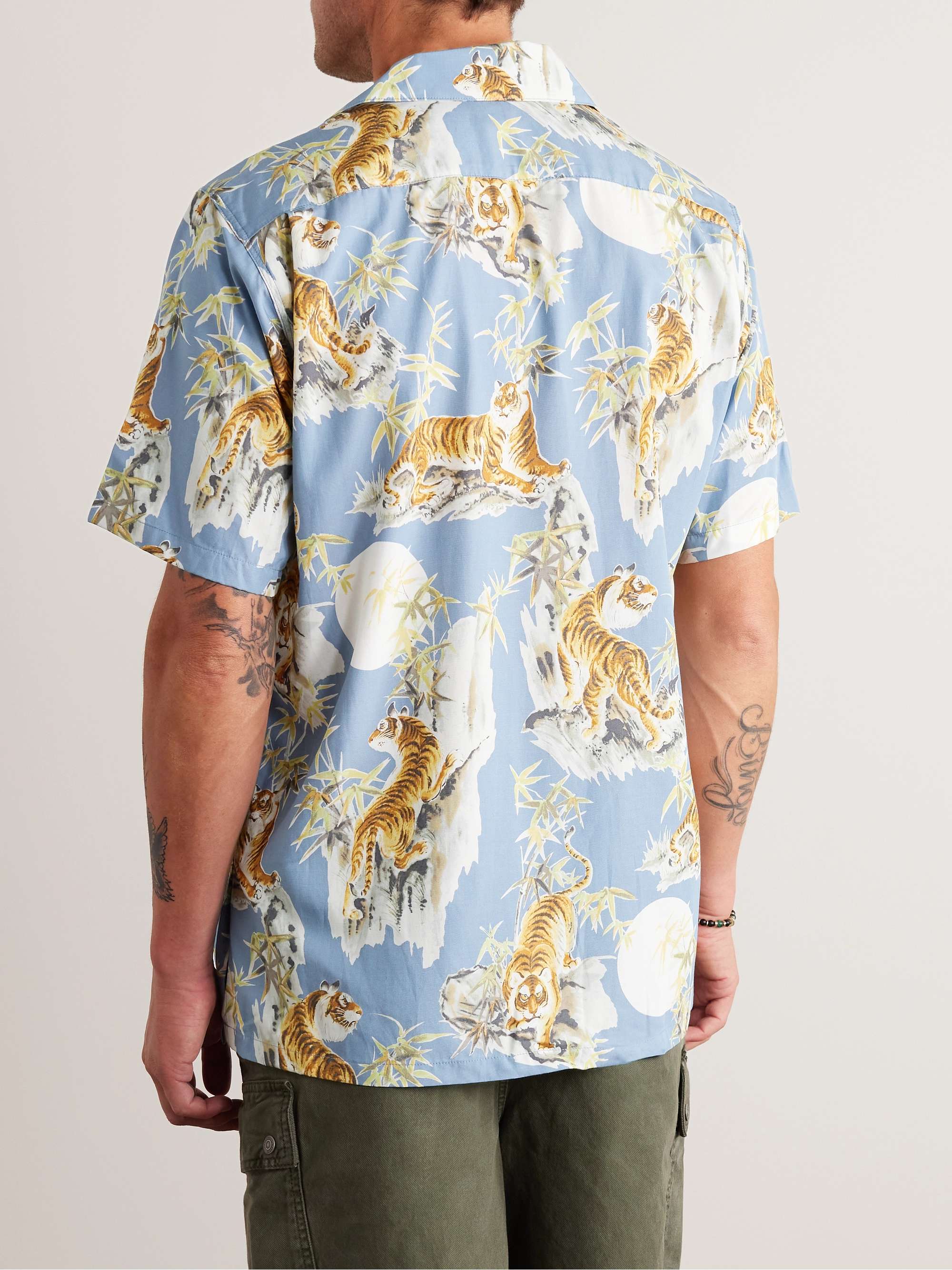 GO BAREFOOT Tiger Faded Camp-Collar Printed Cotton Shirt