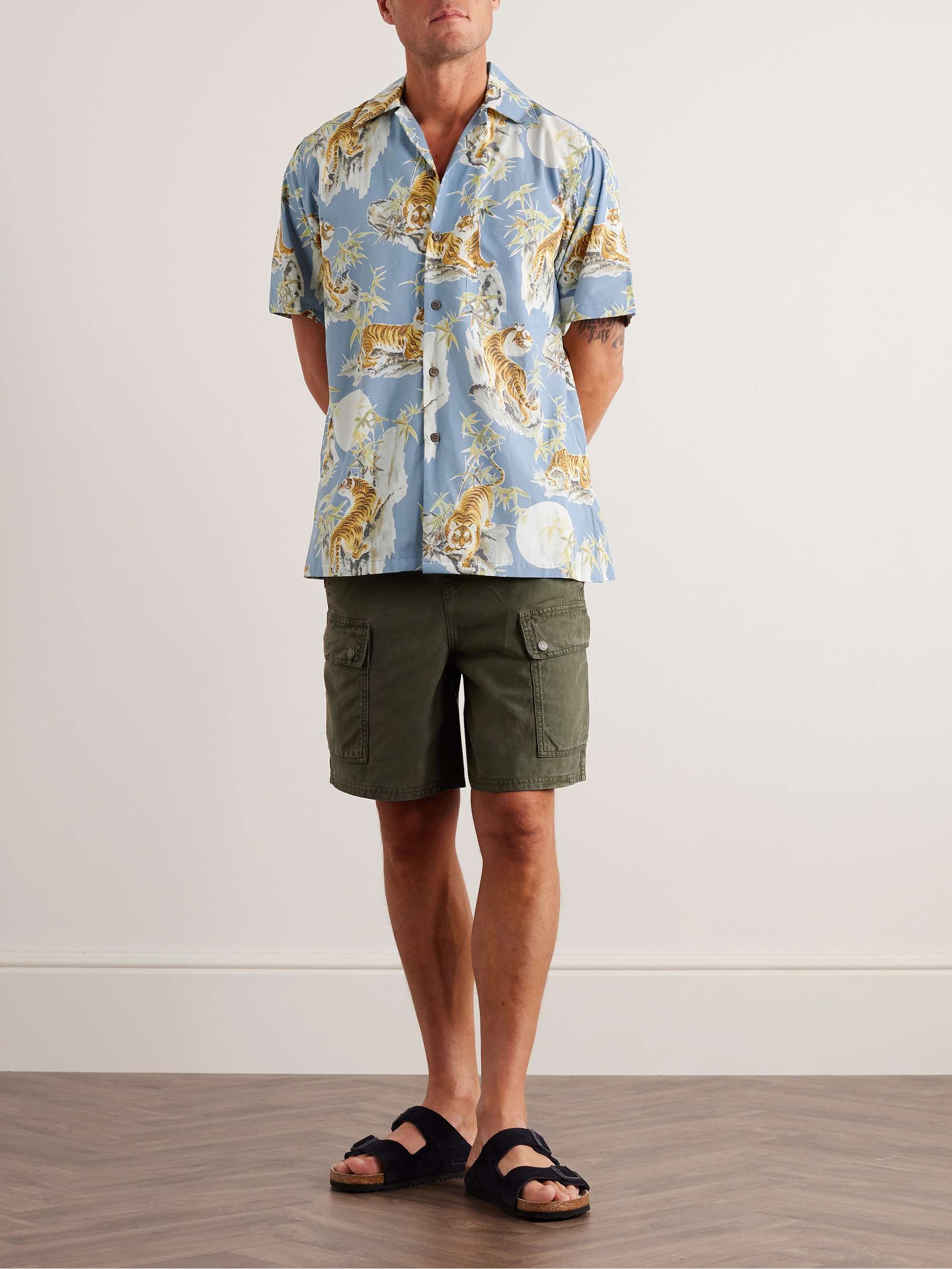 GO BAREFOOT Tiger Faded Camp-Collar Printed Cotton Shirt