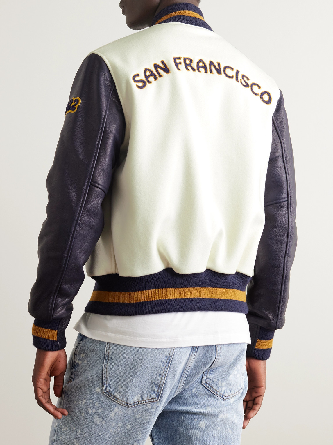 Shop Golden Bear The Albany Logo-appliqued Wool-blend And Leather Bomber Jacket In Neutrals