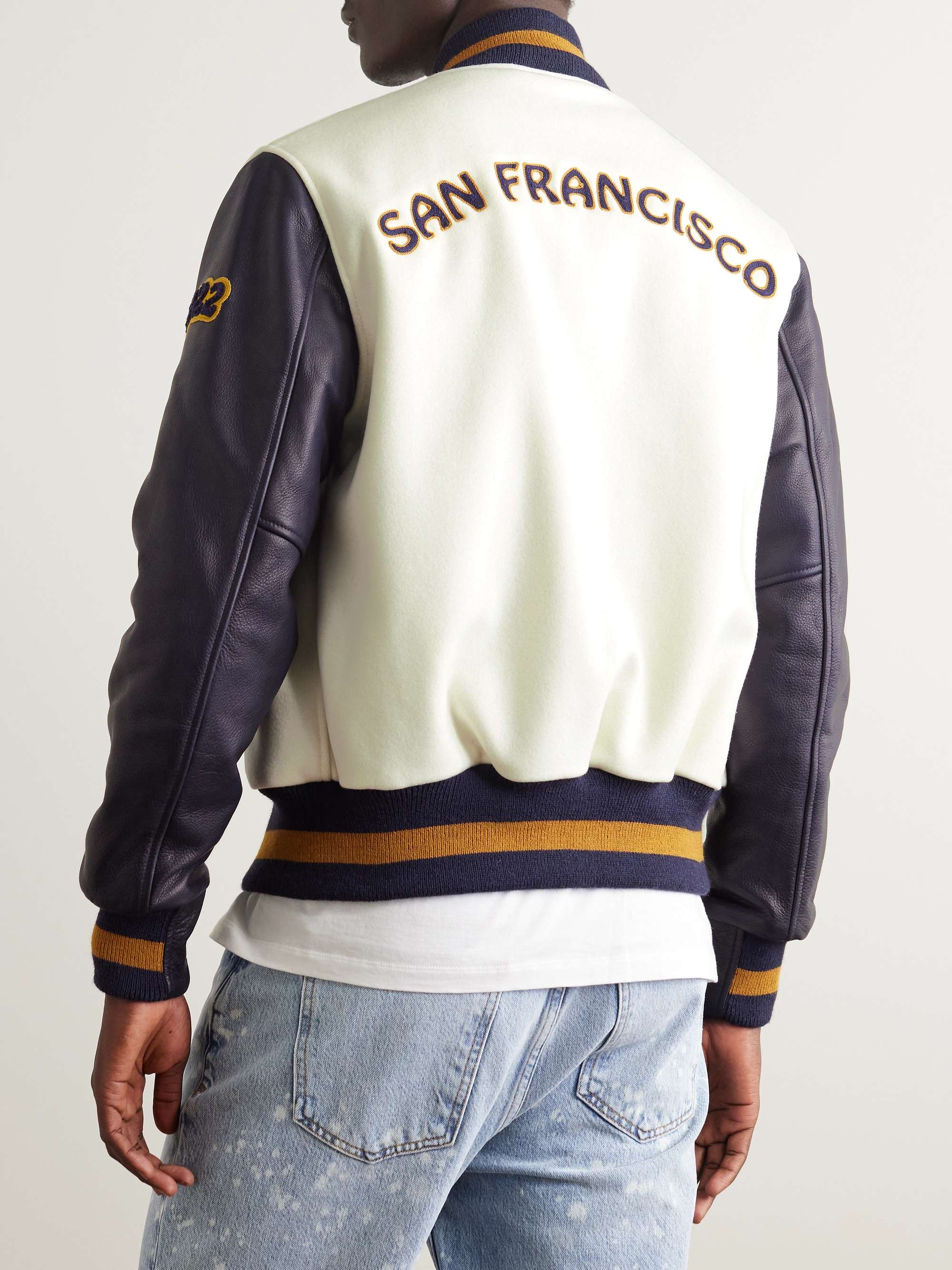 GOLDEN BEAR The Albany Logo-Appliqued Wool-Blend and Leather Bomber Jacket