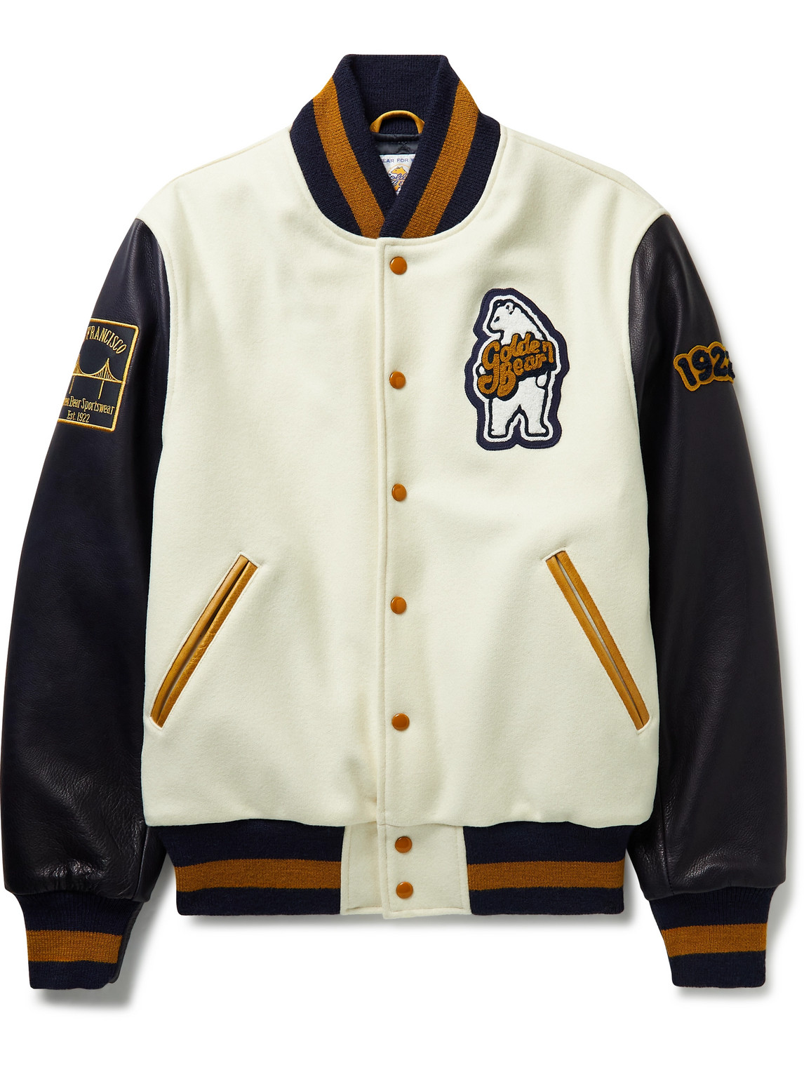 Golden Bear The Albany Logo-appliqued Wool-blend And Leather Bomber Jacket In Neutrals