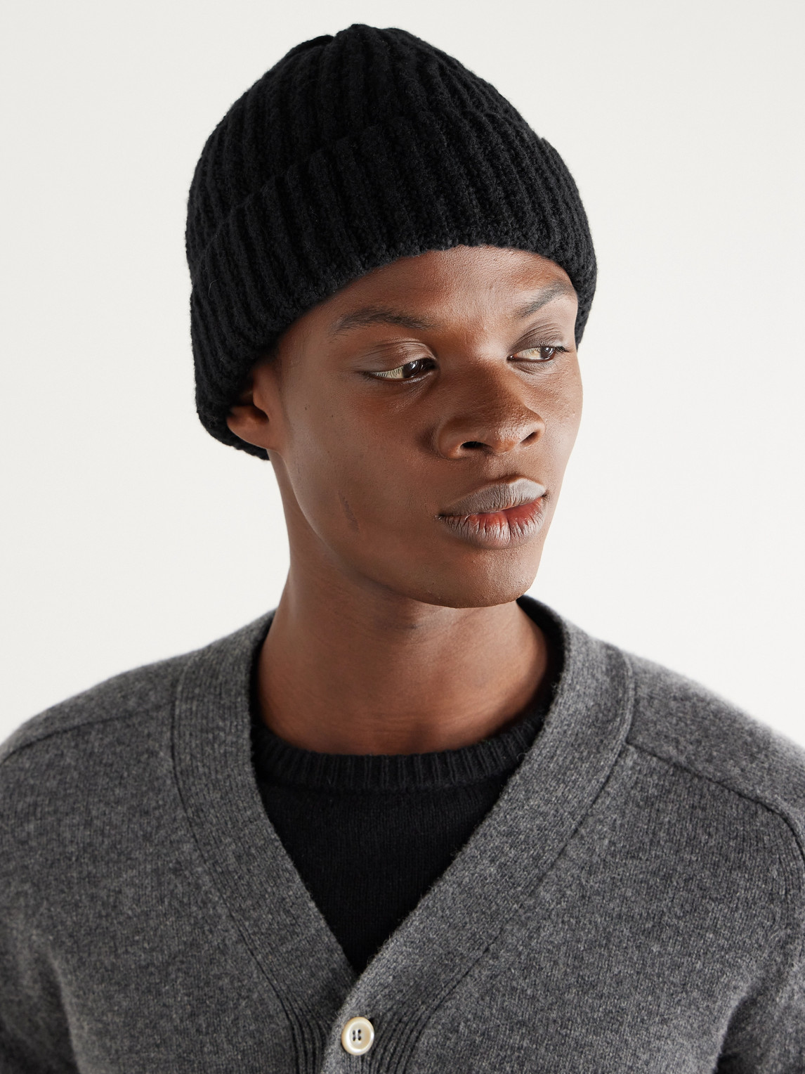 Shop Inis Meain Ribbed Merino Wool And Cashmere-blend Beanie In Black