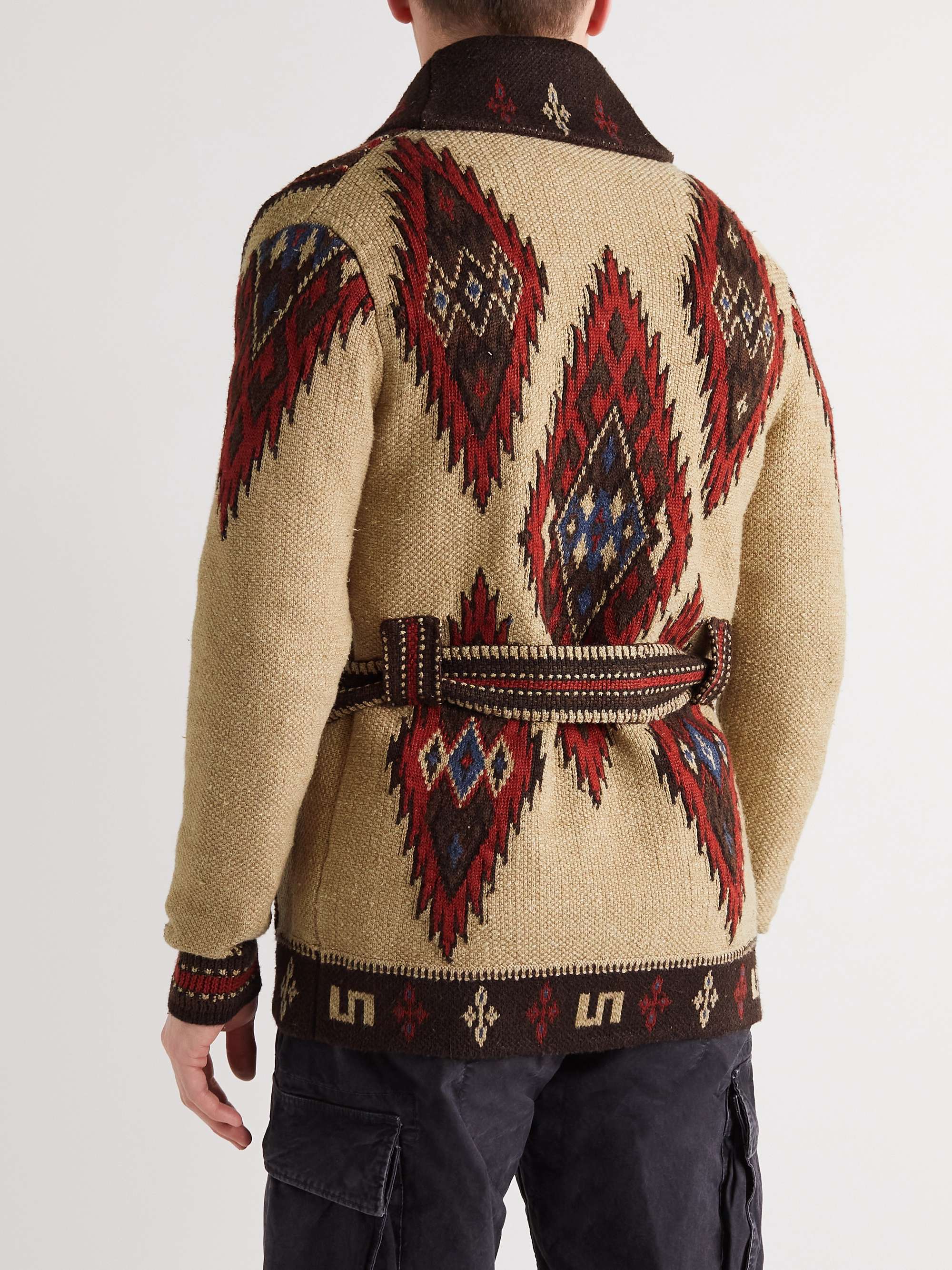 RRL Shawl-Collar Belted Indigo-Dyed Cotton-Blend Jacquard Cardigan
