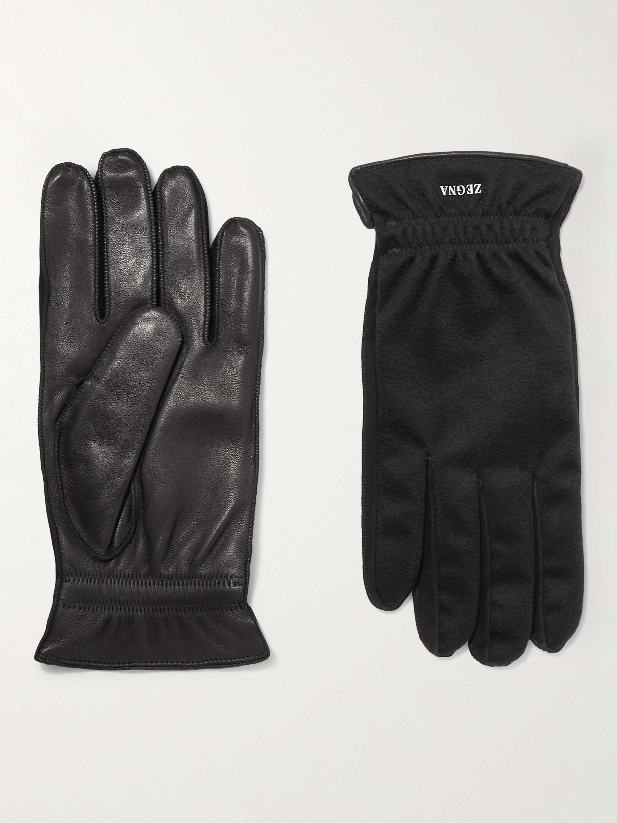 ZEGNA Logo-Flocked Cashmere and Leather Gloves