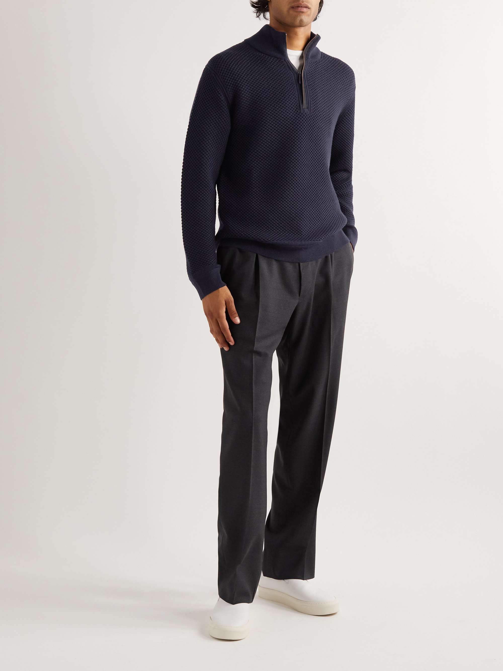 ZEGNA ウール＆カシミヤ ワッフルニット ハーフジップ セーター レザー 