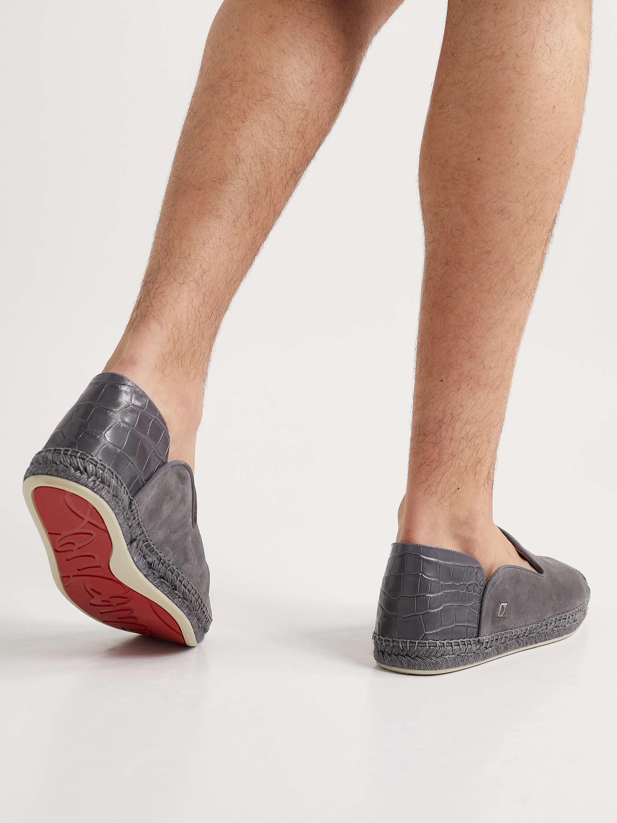 CHRISTIAN LOUBOUTIN Collapsible-Heel Croc-Effect Leather-Trimmed Suede Espadrilles