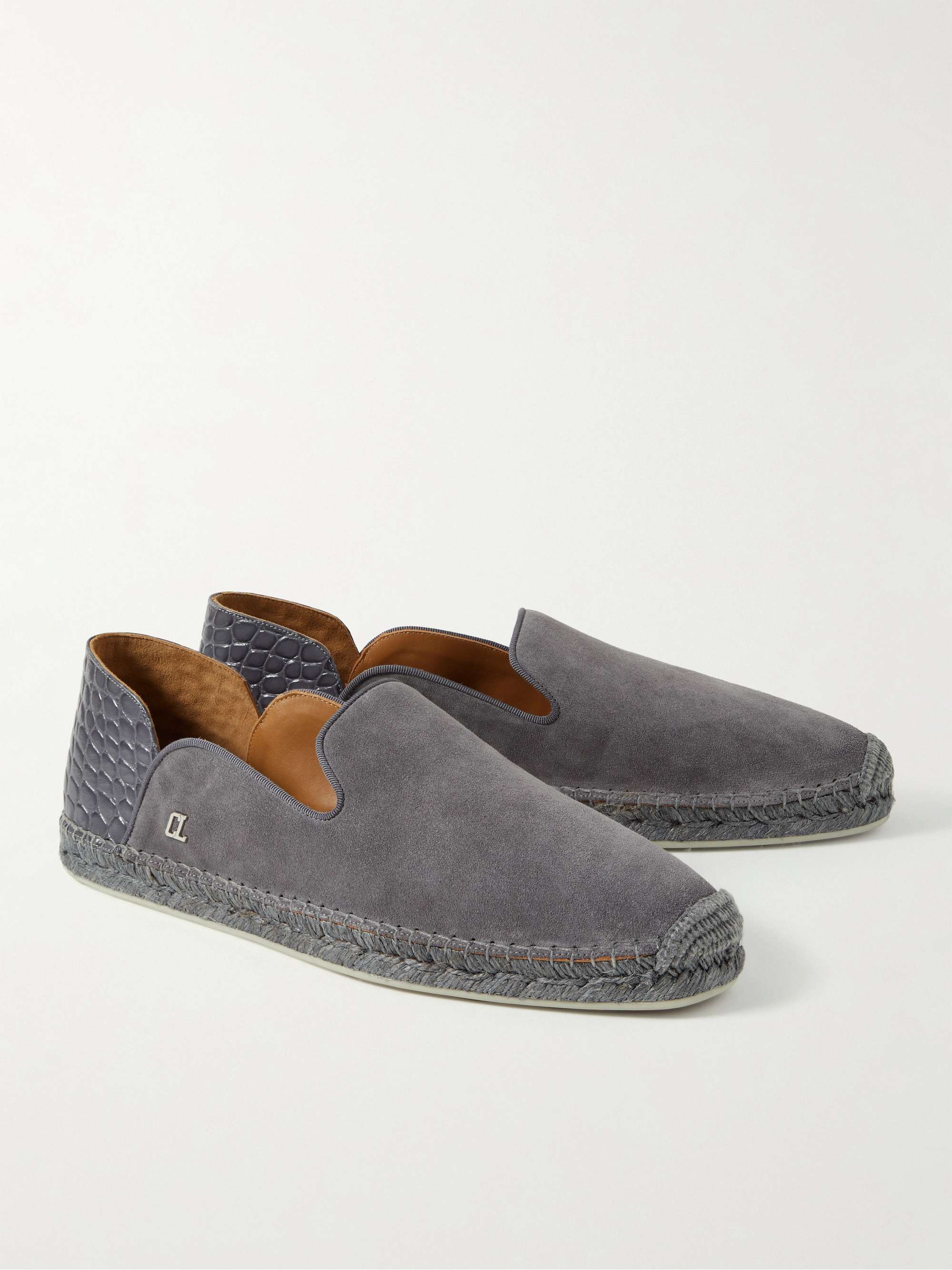 CHRISTIAN LOUBOUTIN Collapsible-Heel Croc-Effect Leather-Trimmed Suede Espadrilles