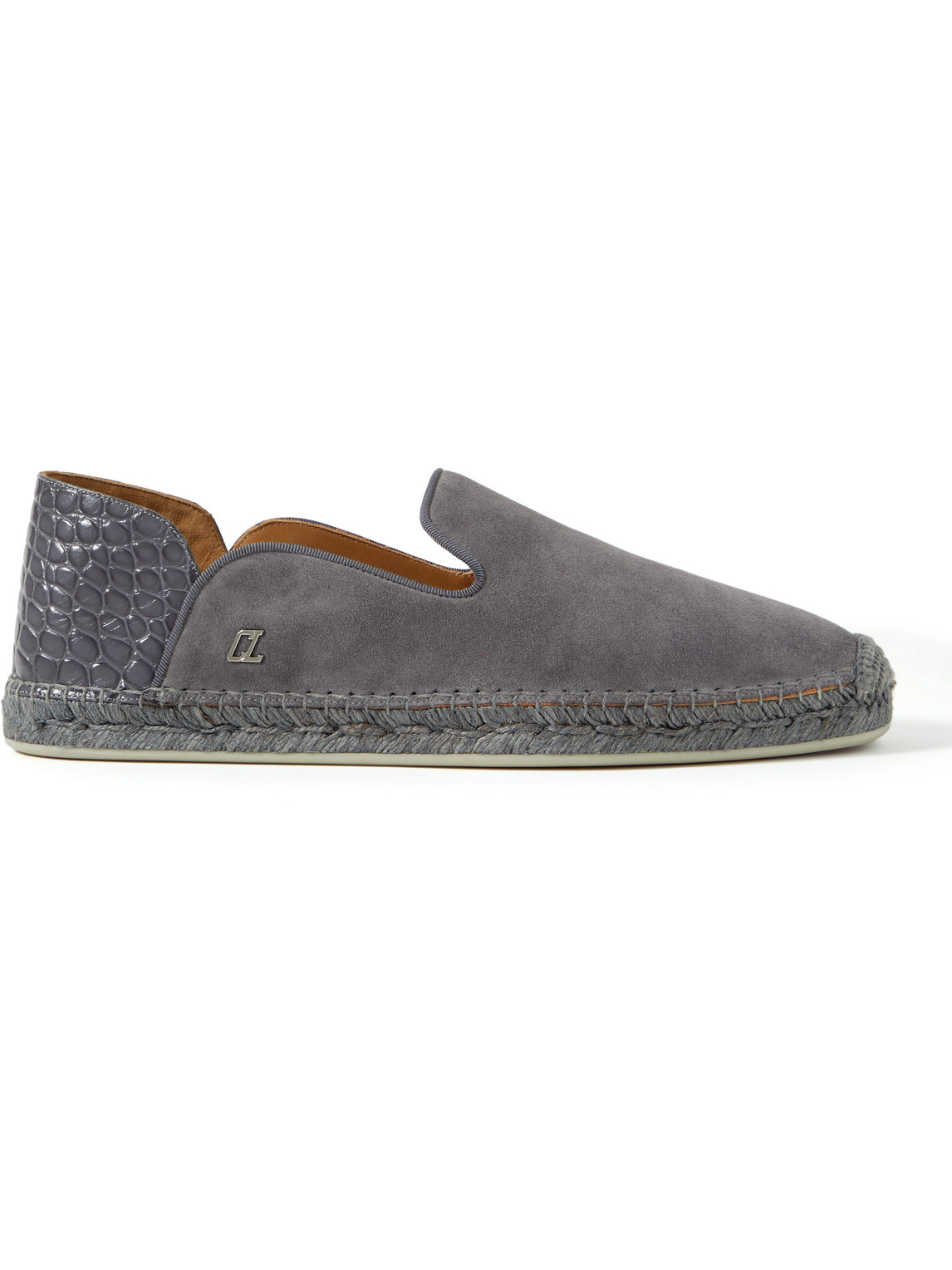 Christian Louboutin Collapsible-heel Croc-effect Leather-trimmed Suede Espadrilles In Grey