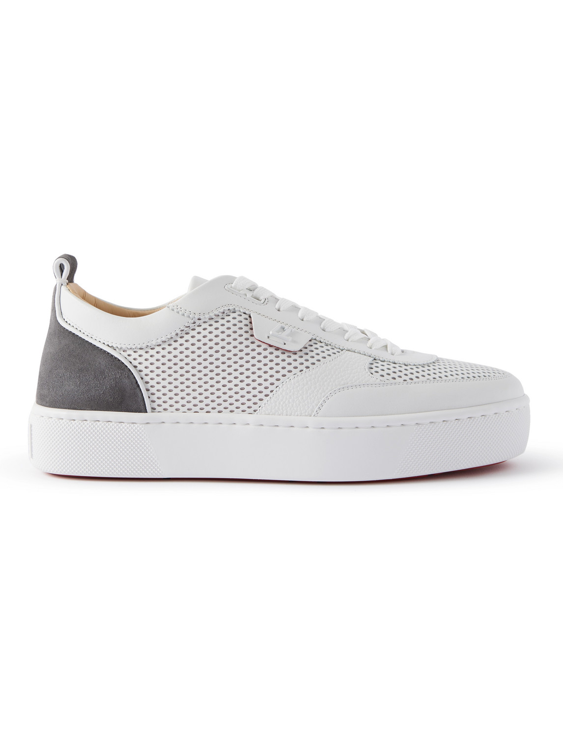 Christian Louboutin Happyrui Suede-trimmed Perforated Leather Sneakers In White