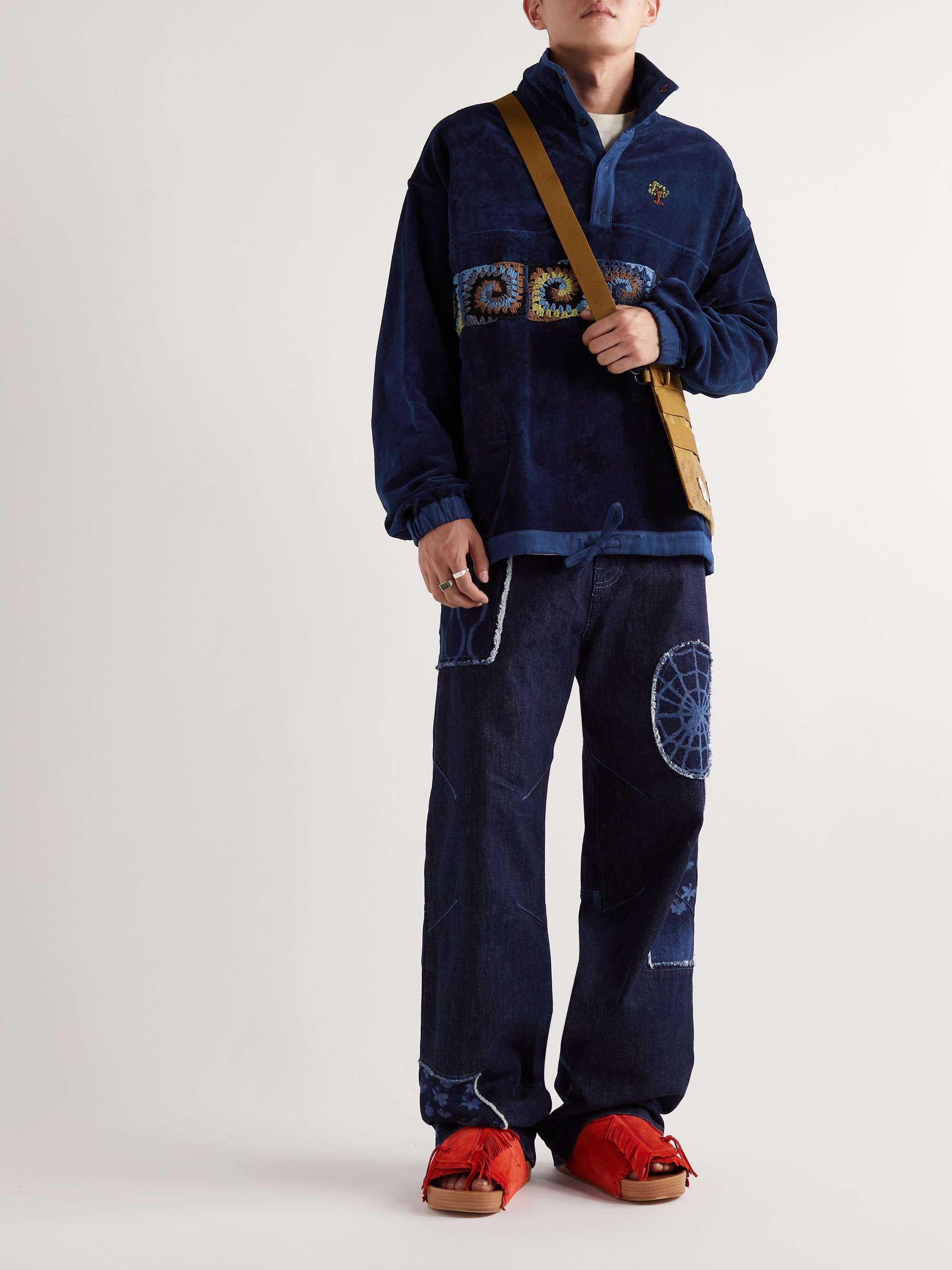 Polite Crochet-Trimmed Embroidered Organic Cotton-Velvet Sweatshirt