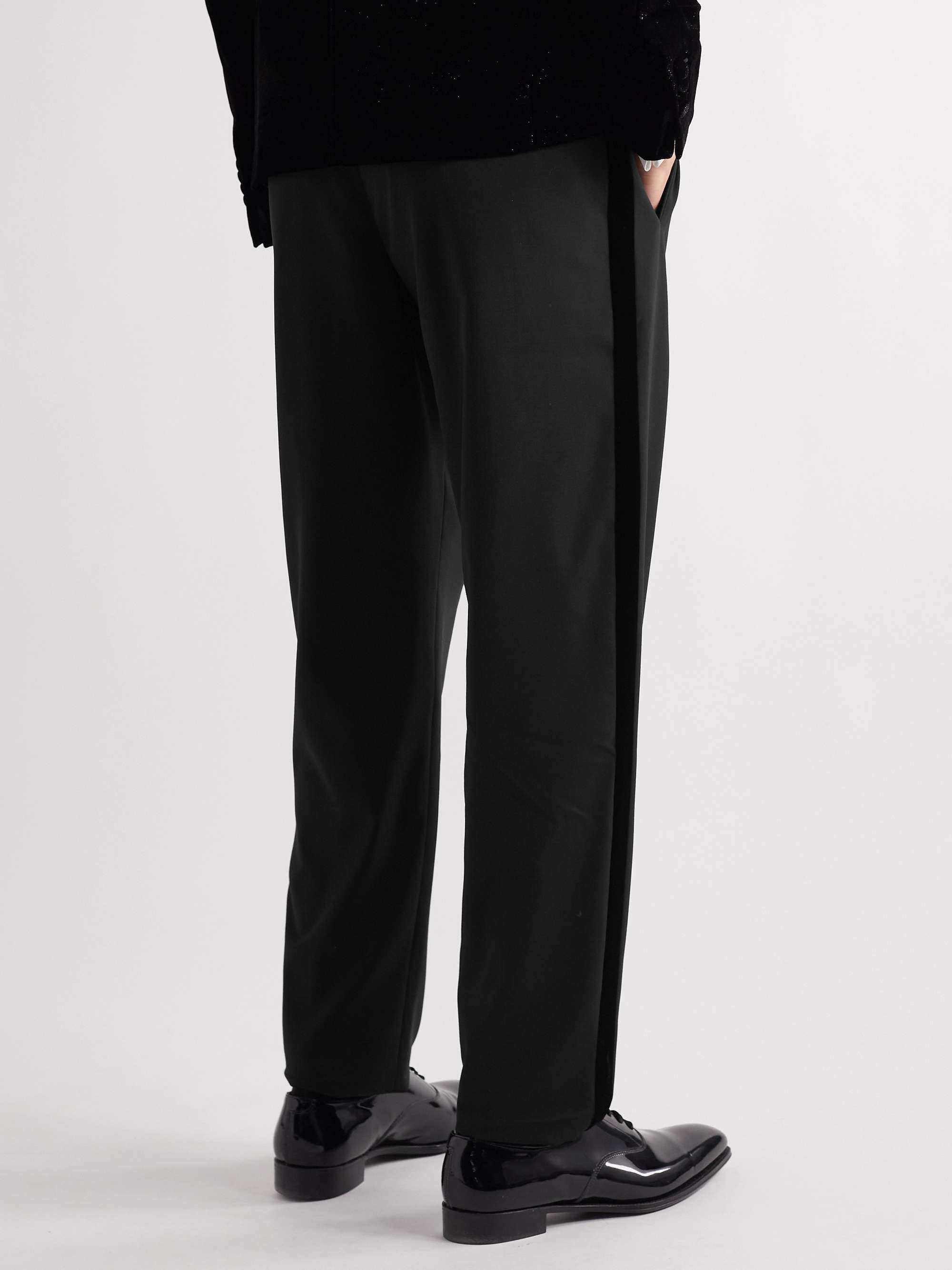 GIORGIO ARMANI Straight-Leg Striped Velvet-Trimmed Wool Tuxedo Trousers