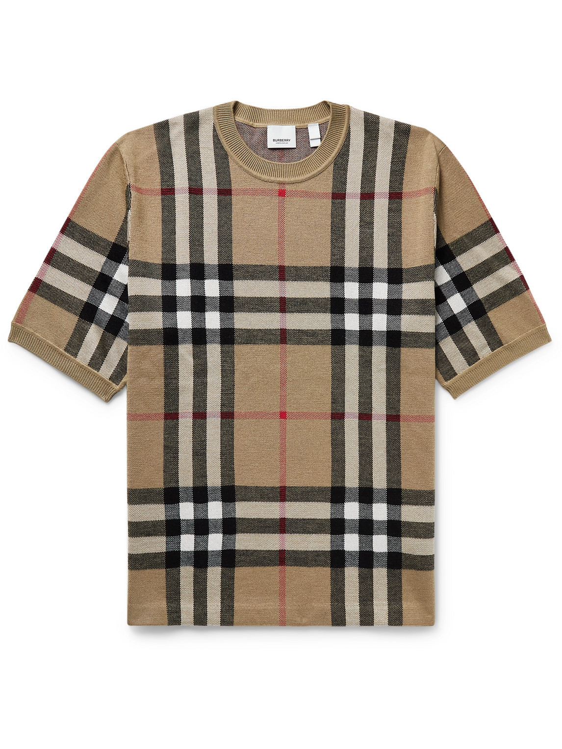 Shop Burberry Checked Birdseye Silk And Wool-blend T-shirt In Neutrals