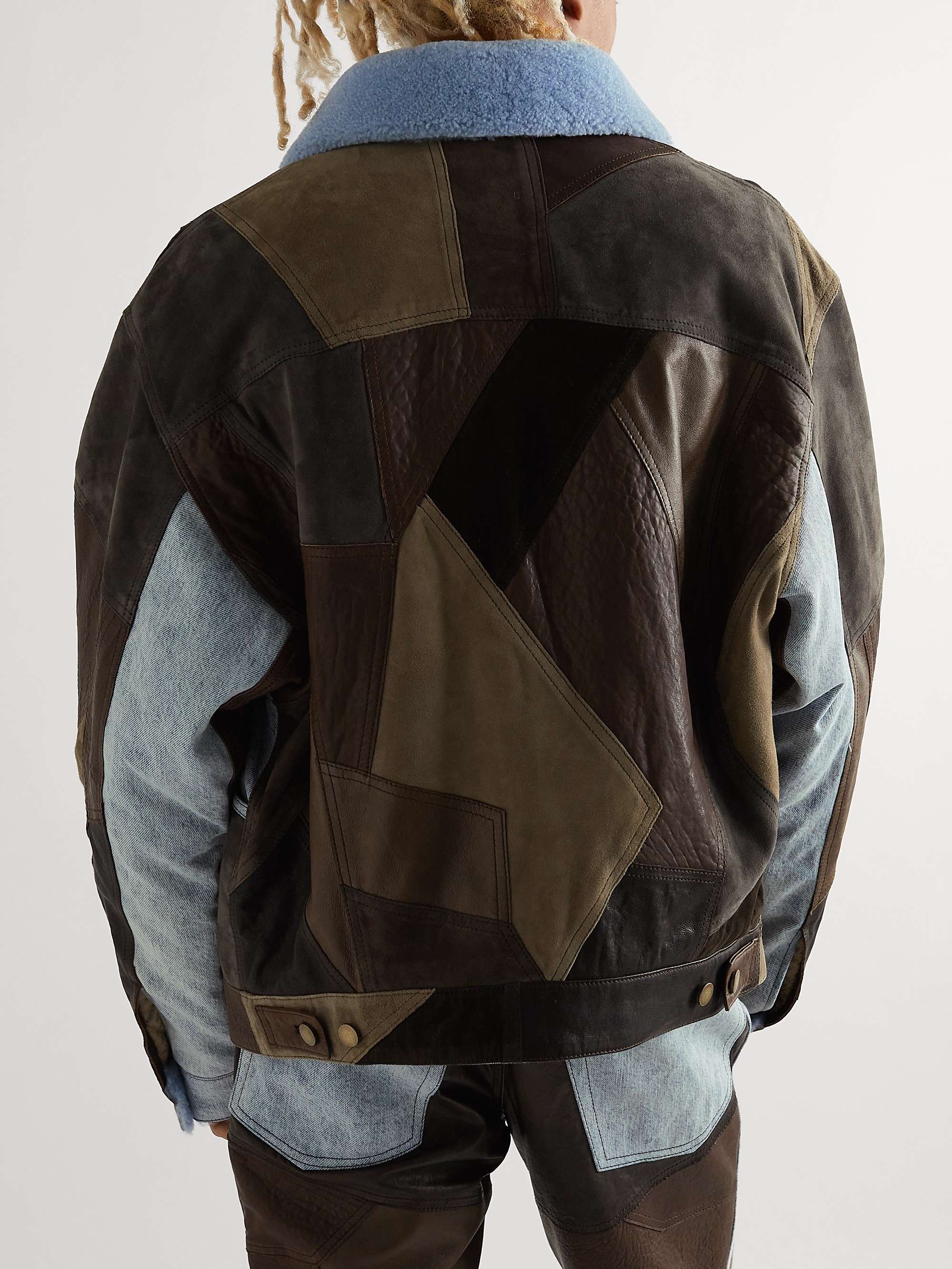 Shearling-Trimmed Patchwork Leather and Denim Jacket