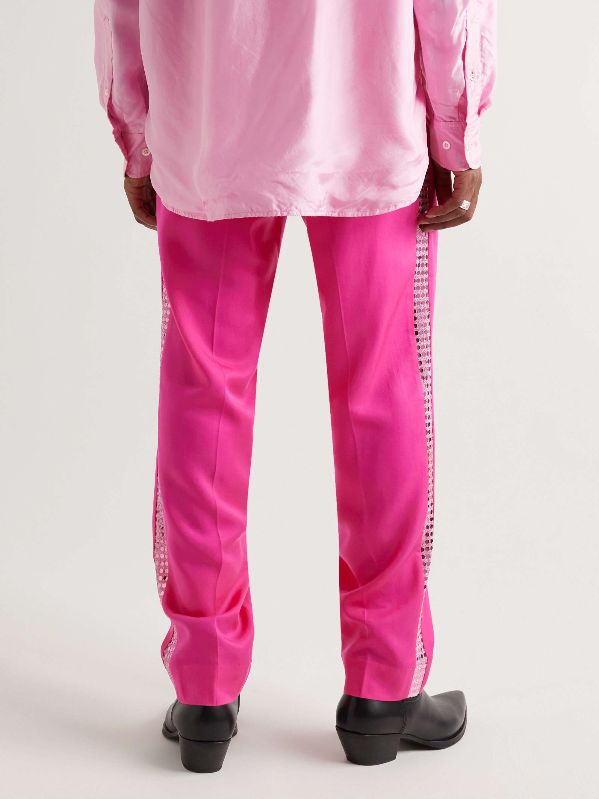 ACNE STUDIOS Tapered Sequinned Lamé-Trimmed Lyocell Trousers