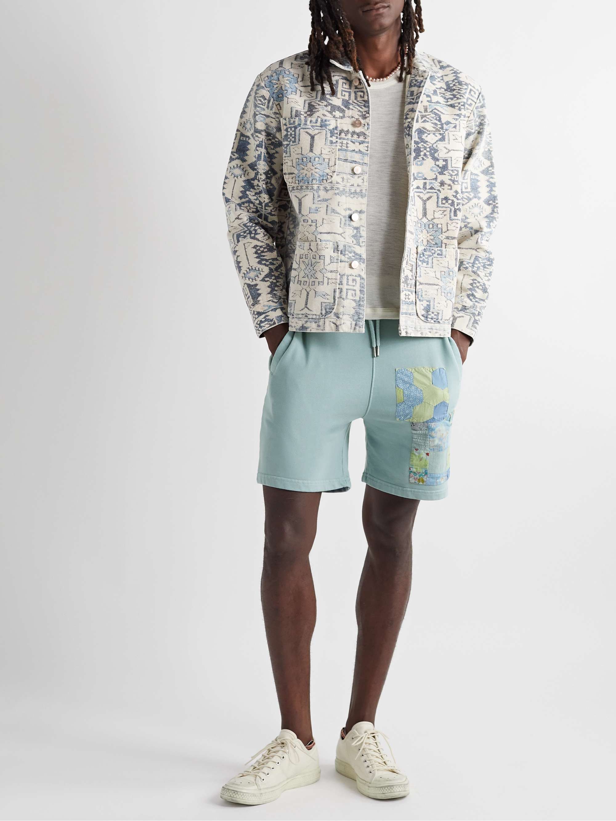 CARLEEN Straight-Leg Patchwork Upcycled Voile and Recycled Cotton-Jersey Drawstring Shorts