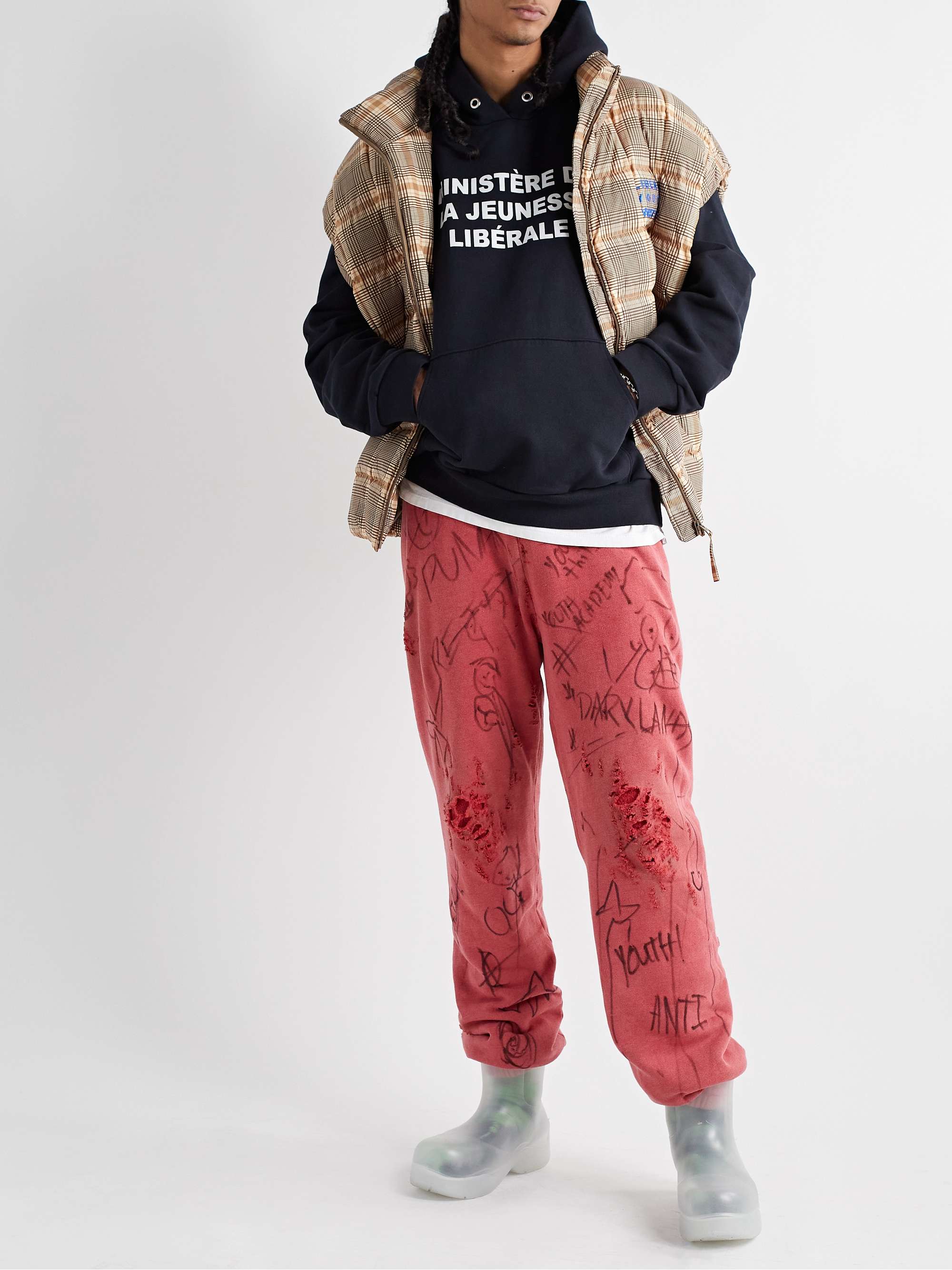 LIBERAL YOUTH MINISTRY Juvenile Tapered Distressed Printed Cotton-Blend Jersey Sweatpants