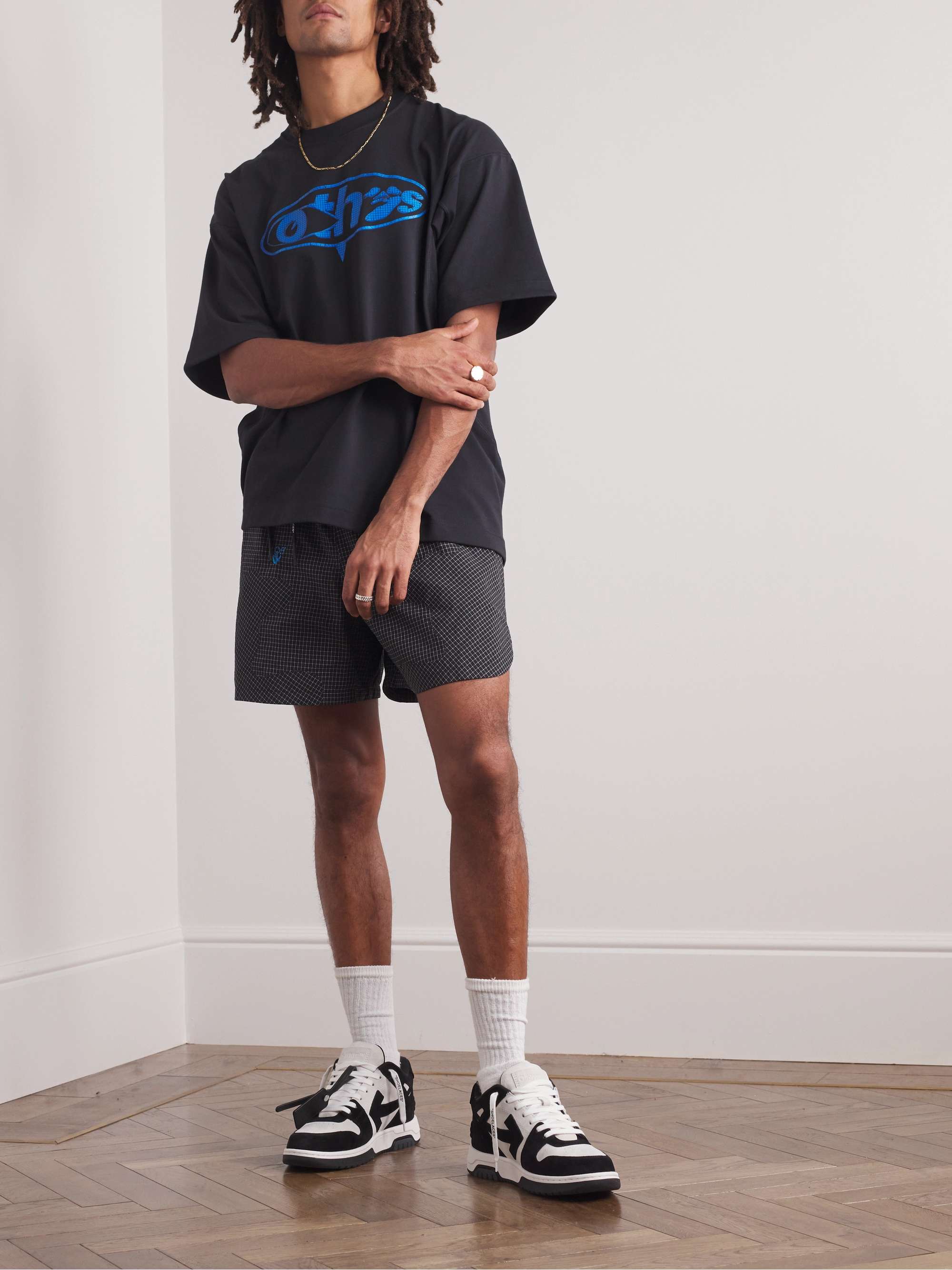 NIKE + Off-White Logo-Embroidered Checked Shell Shorts
